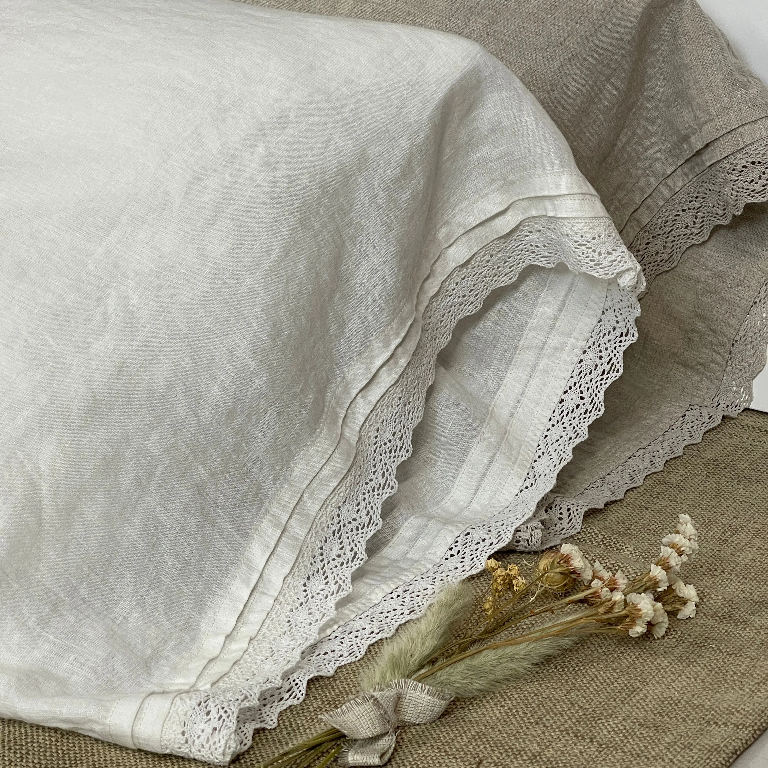 Nostalgia Greige Flax Pillowcase with Lace
