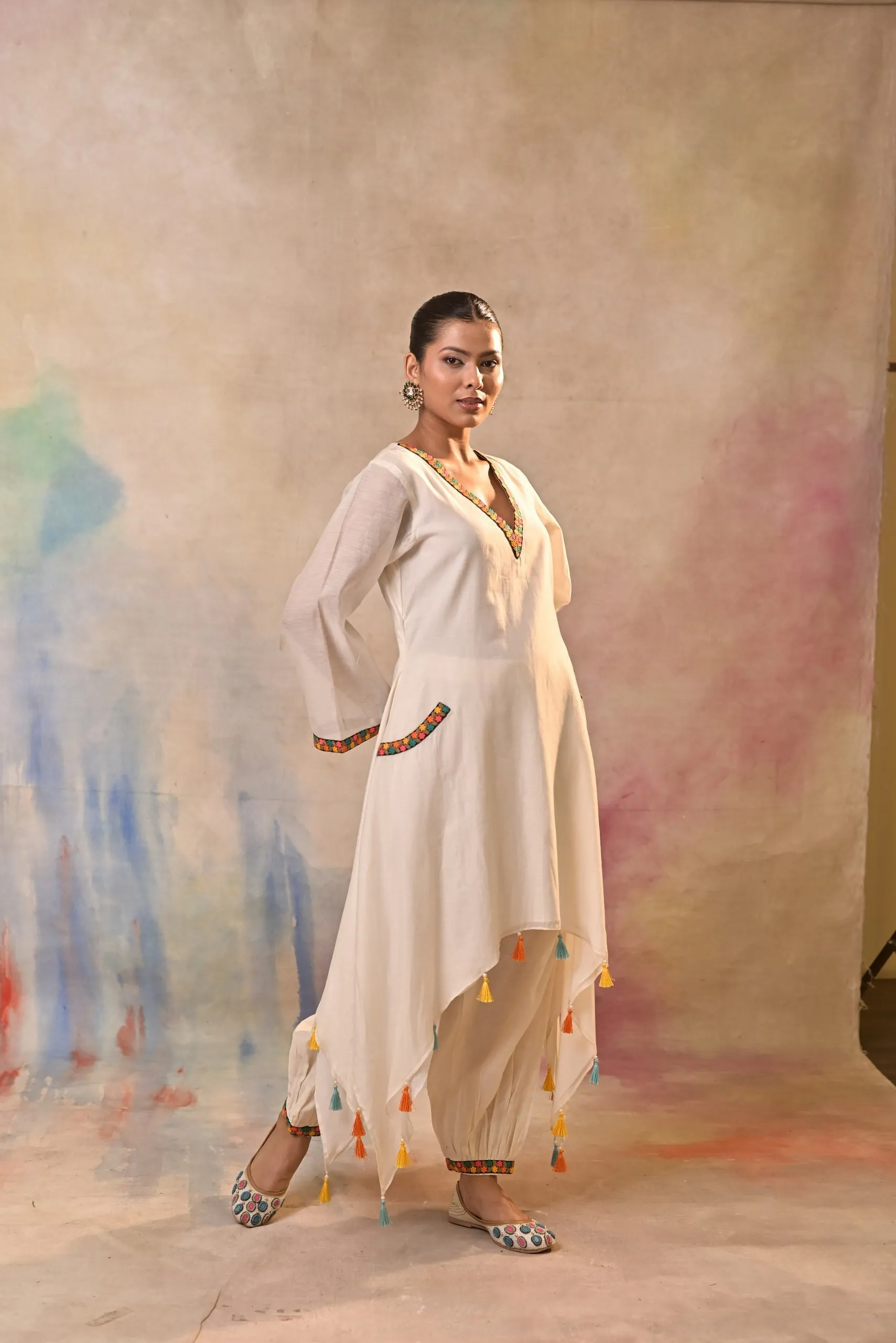 Off White Multicolored Embroidered Cord Set