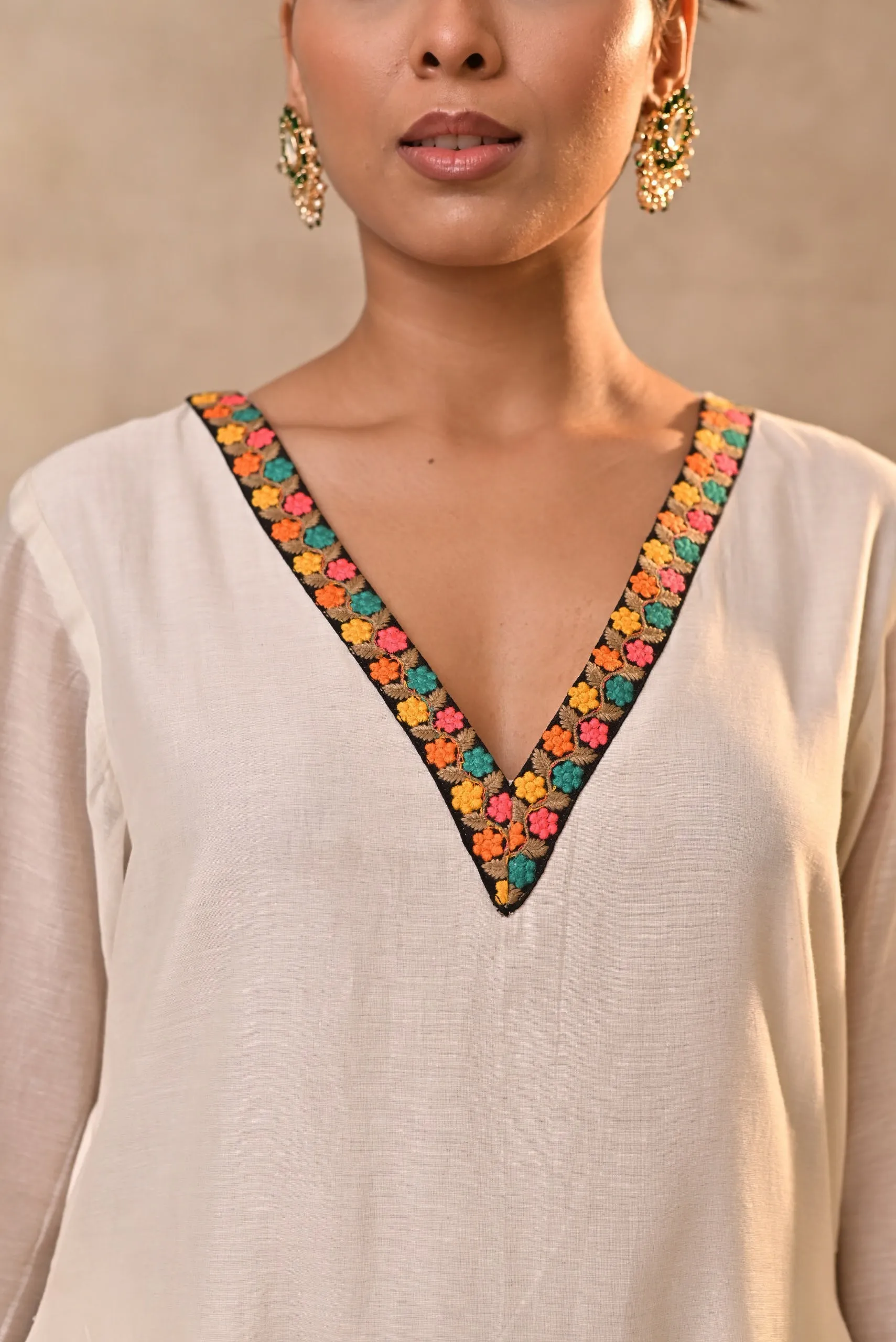 Off White Multicolored Embroidered Cord Set