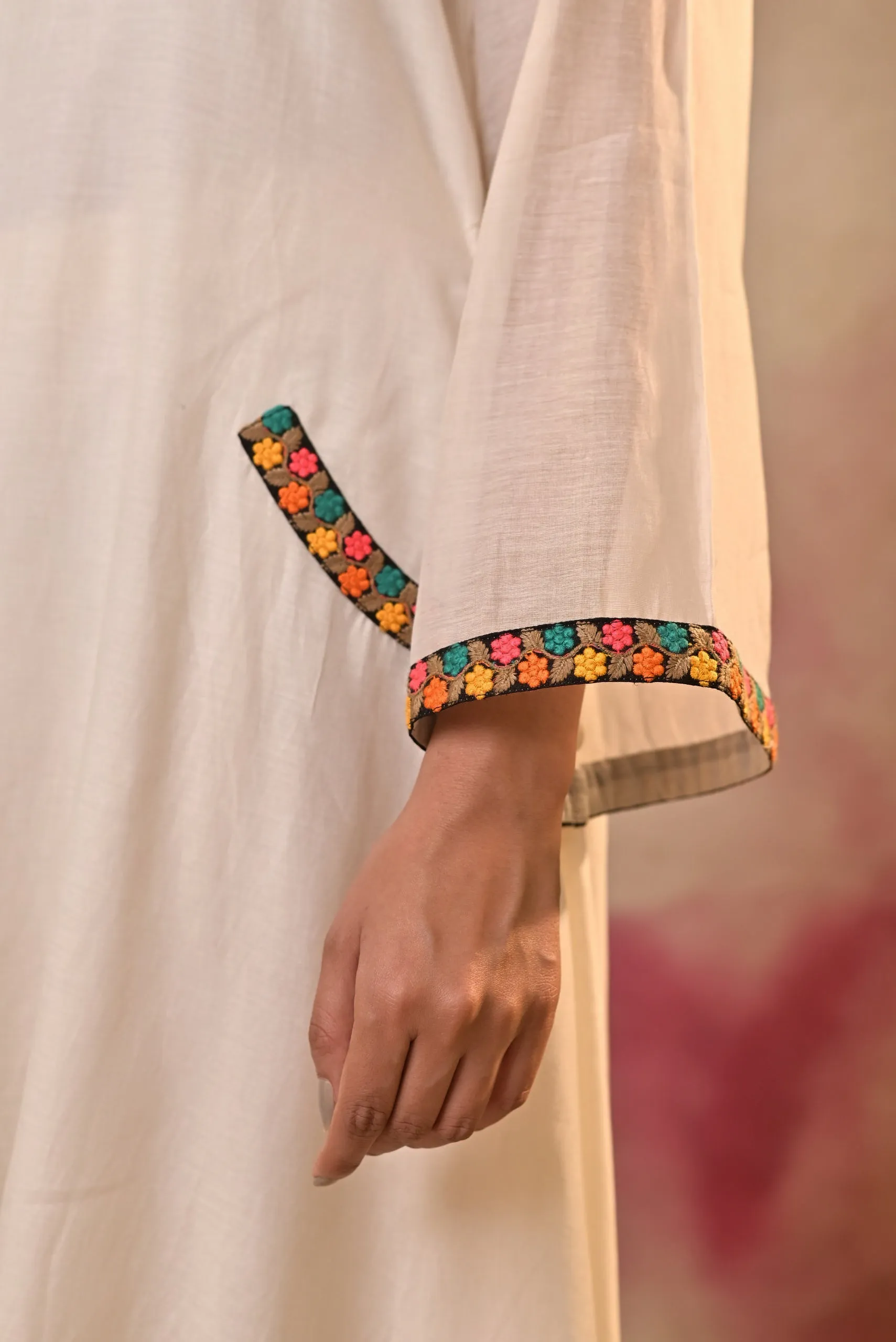 Off White Multicolored Embroidered Cord Set