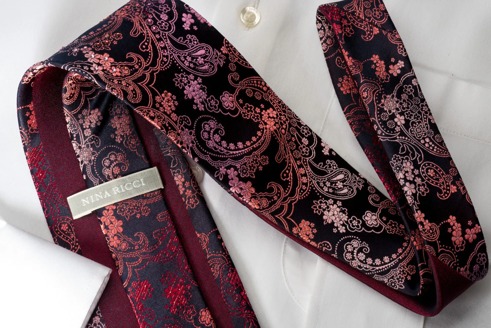 Paisley Acanthus On Burgundy Mens Silk Rhinestone Necktie