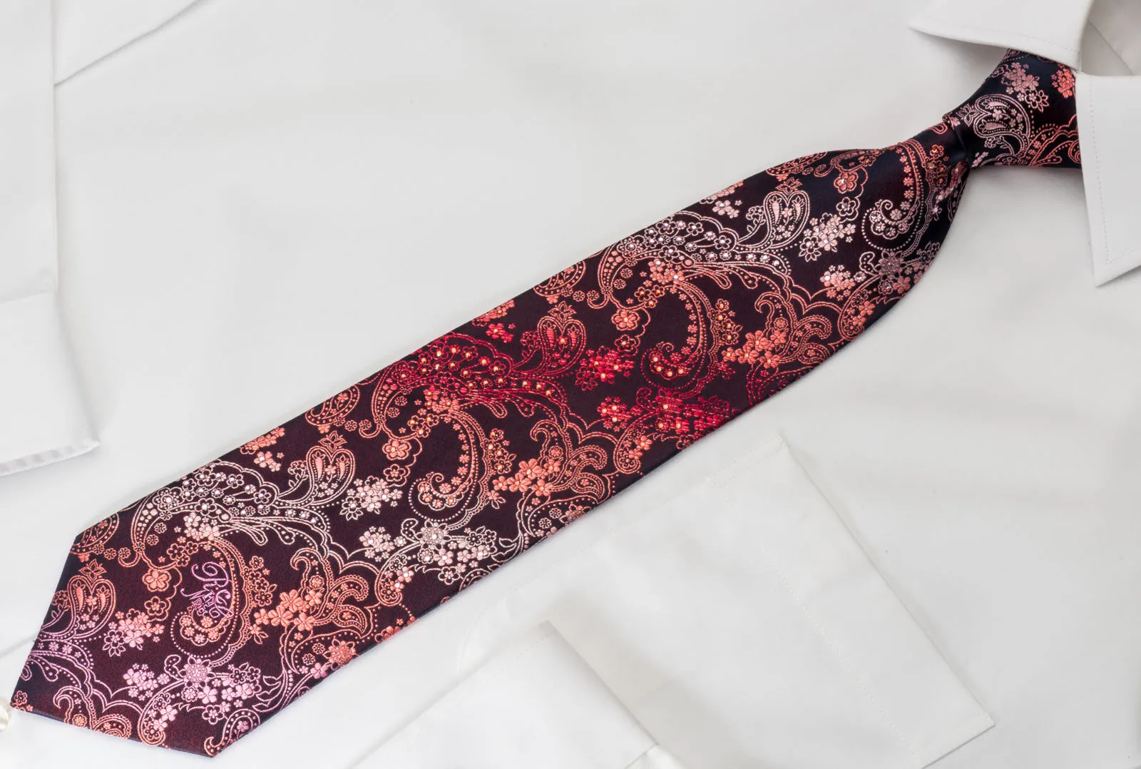 Paisley Acanthus On Burgundy Mens Silk Rhinestone Necktie