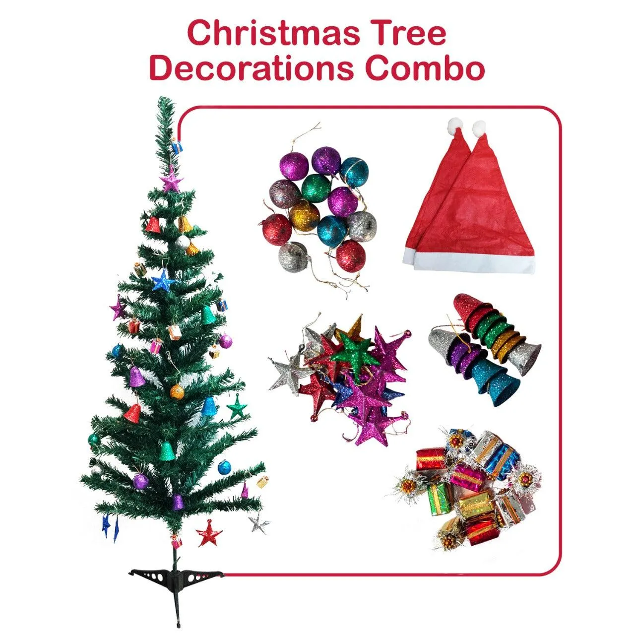 PartyCorp 4 ft Xmas Tree with 48 Decoration Glitter Ornaments and Danglers with Santa Hat for Home, Living Room Decor Combo