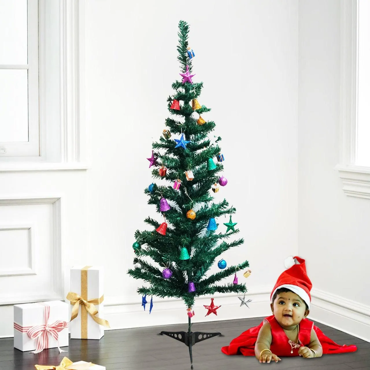 PartyCorp 4 ft Xmas Tree with 48 Decoration Glitter Ornaments and Danglers with Santa Hat for Home, Living Room Decor Combo