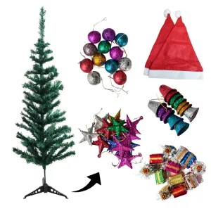 PartyCorp 4 ft Xmas Tree with 48 Decoration Glitter Ornaments and Danglers with Santa Hat for Home, Living Room Decor Combo
