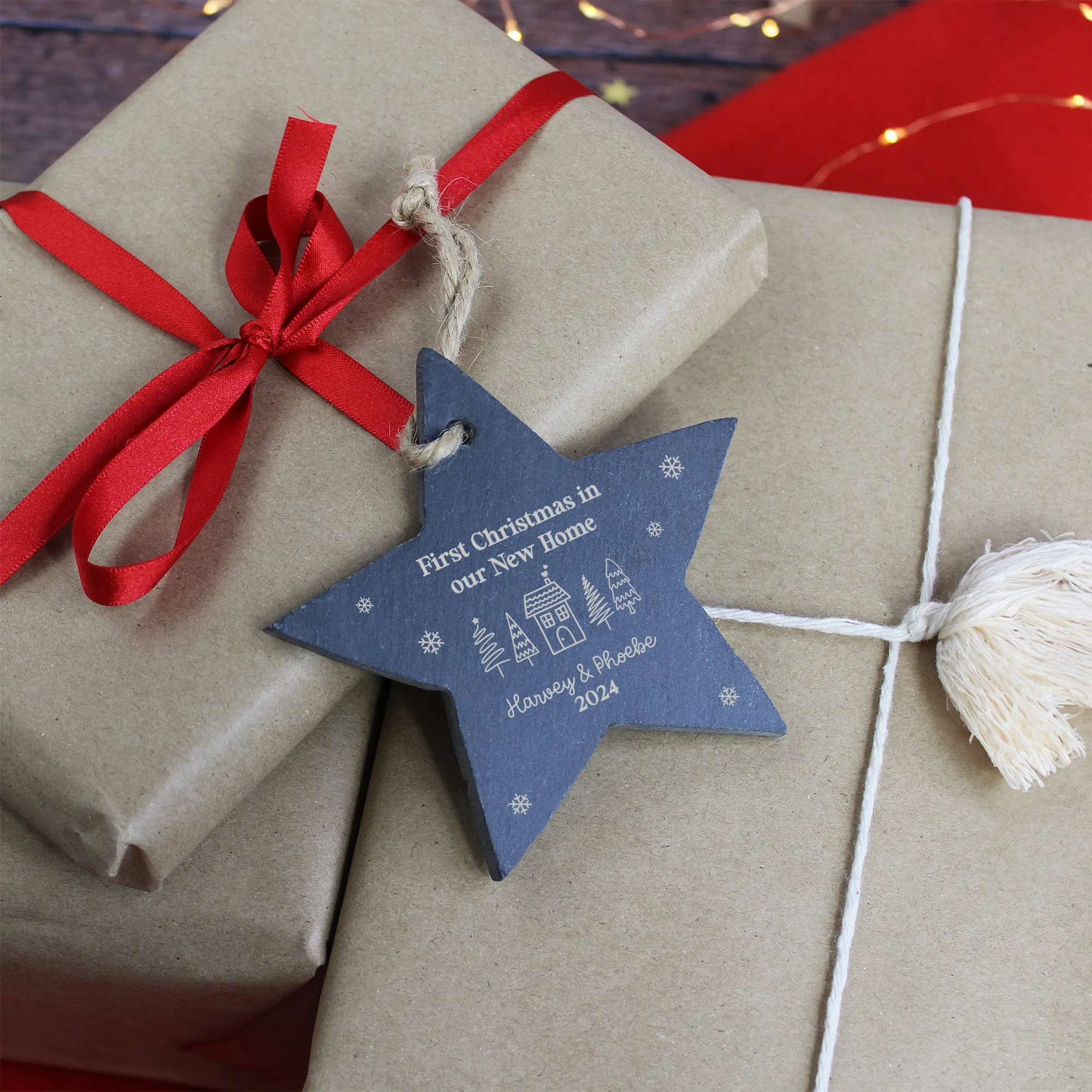Personalised 'First Christmas in Our New Home' Slate Star Hanging Decoration