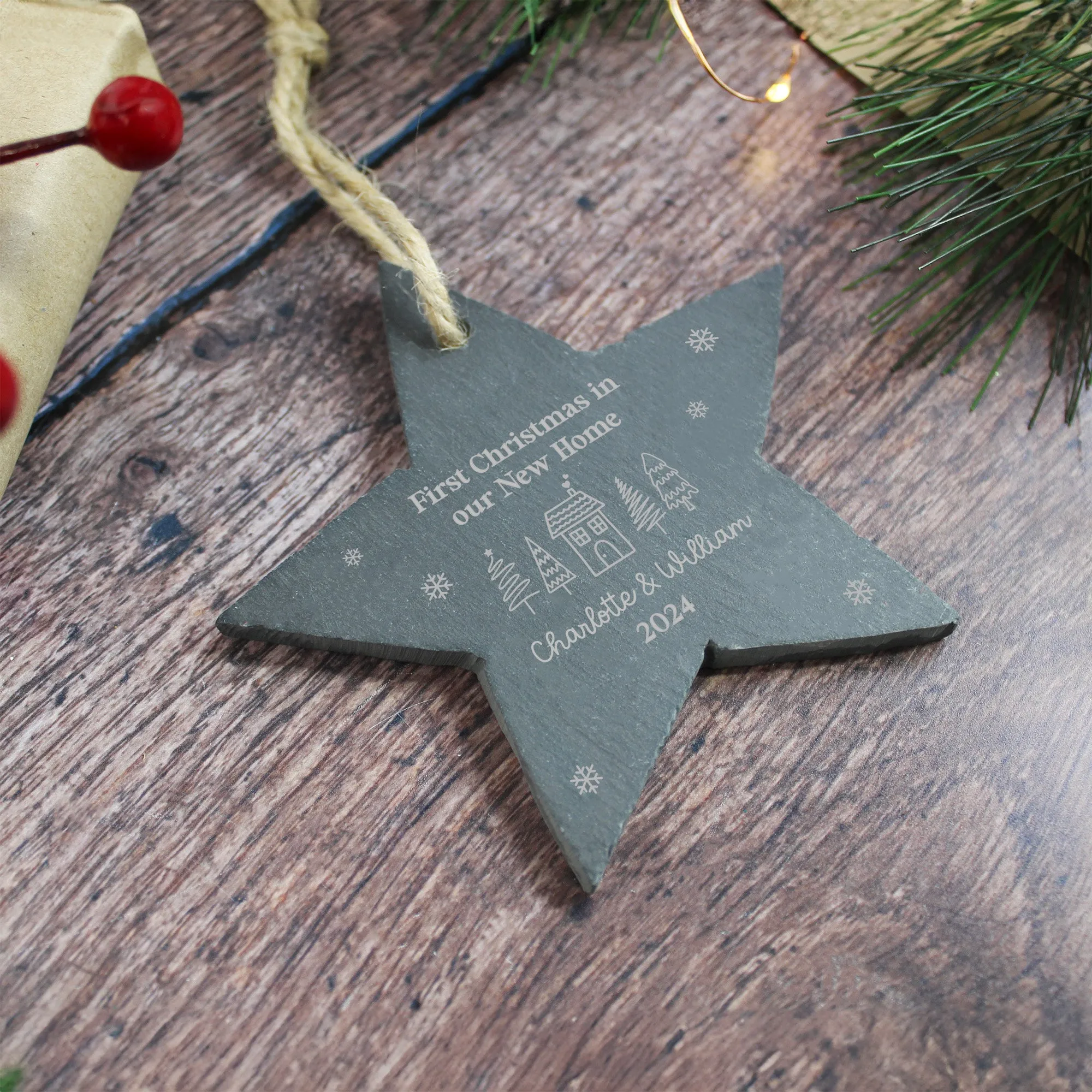 Personalised 'First Christmas in Our New Home' Slate Star Hanging Decoration