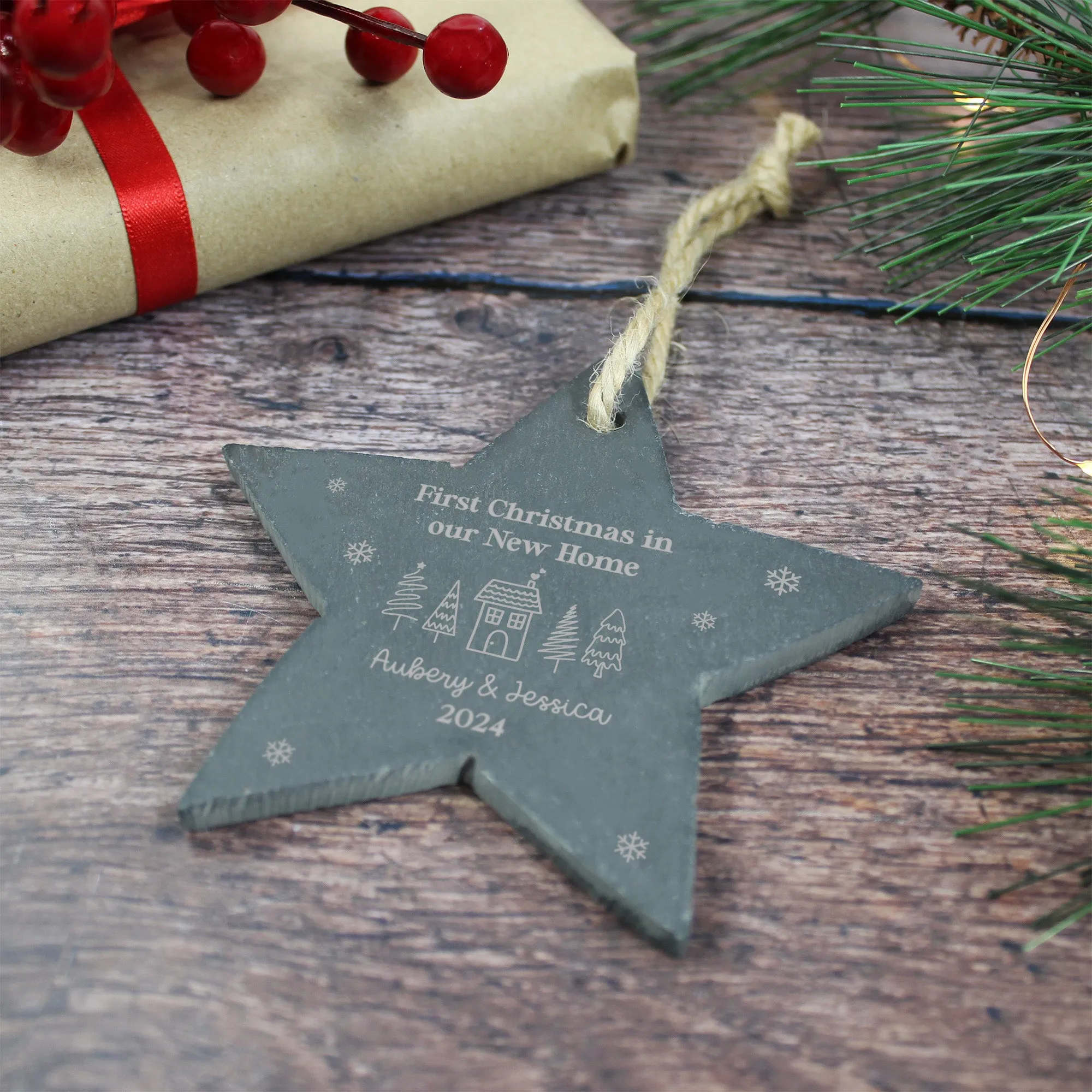 Personalised 'First Christmas in Our New Home' Slate Star Hanging Decoration