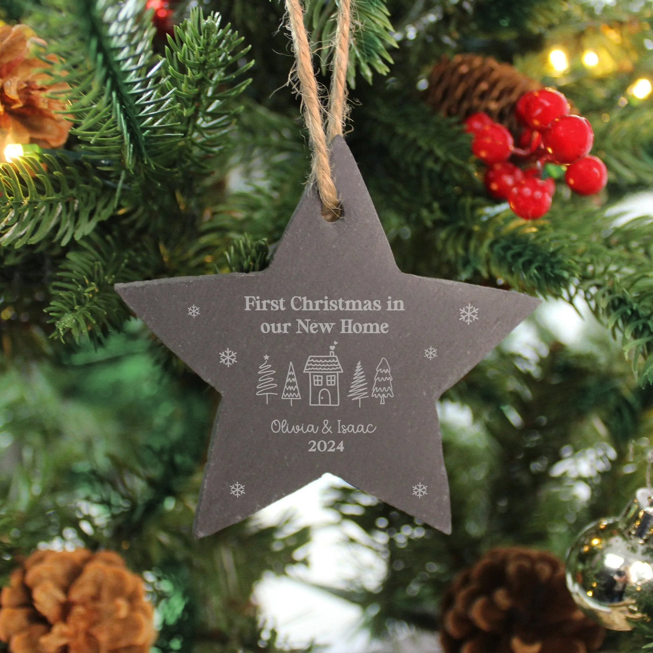 Personalised 'First Christmas in Our New Home' Slate Star Hanging Decoration