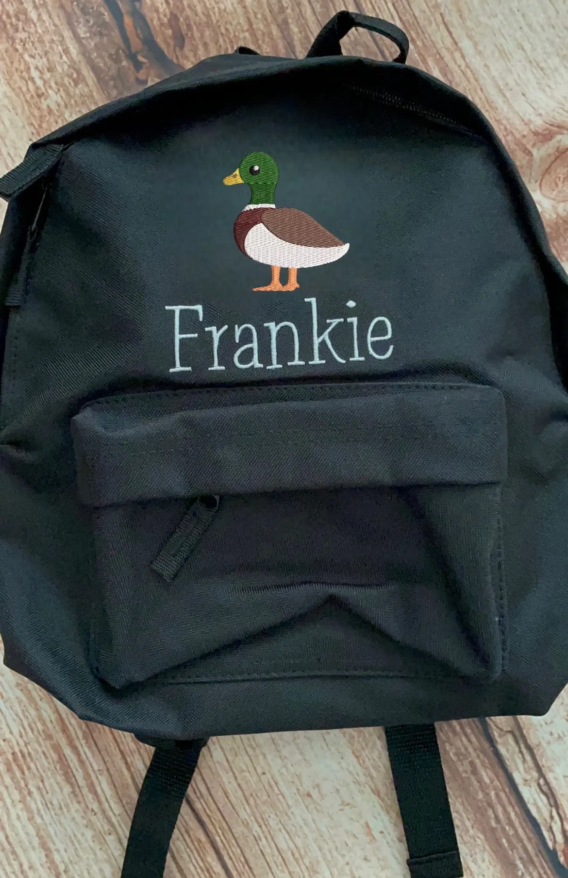 Personalised Nursery / Pre-School mini embroidered rucksack. Choice of colour bag. Childs small rucksack, Duck design.