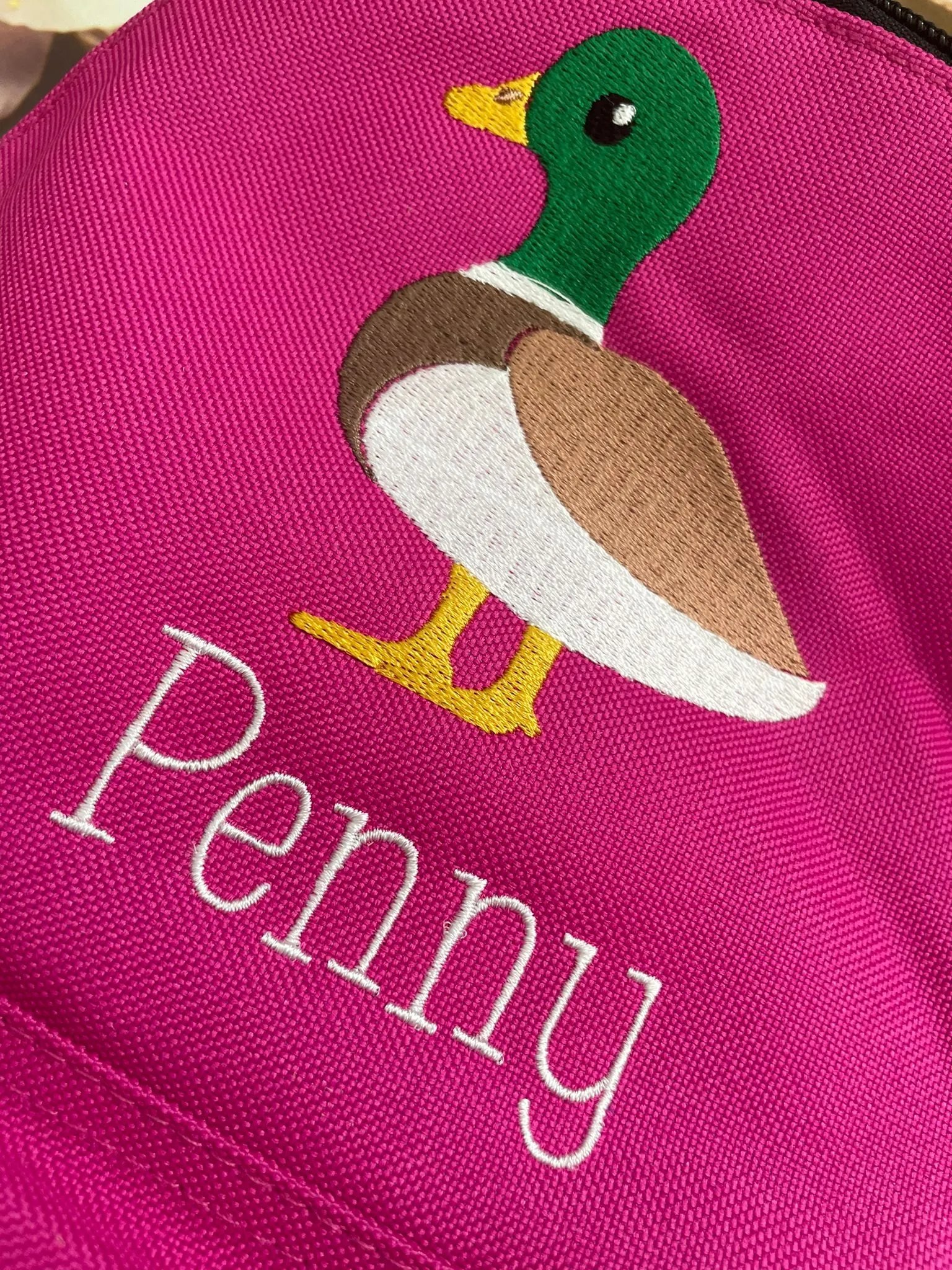Personalised Nursery / Pre-School mini embroidered rucksack. Choice of colour bag. Childs small rucksack, Duck design.