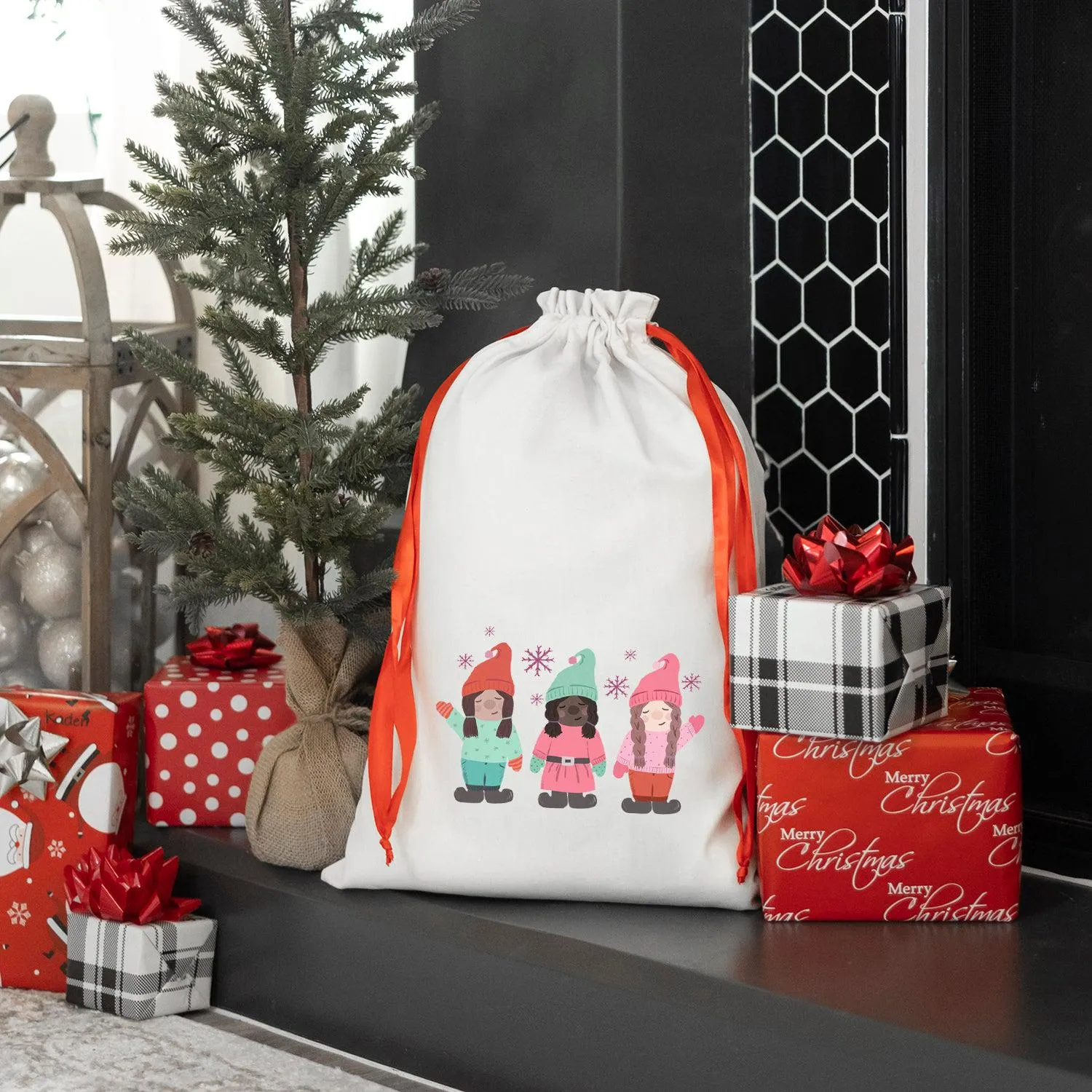 Personalized Drawstring Santa Gift Bags for Girls