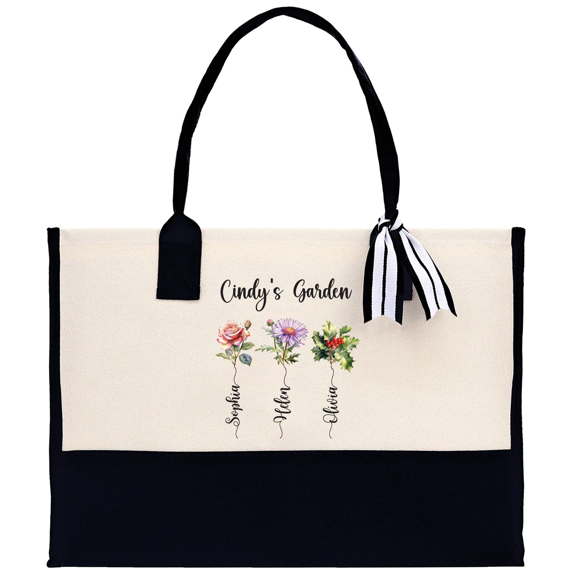 Personalized Kids and Grandkids Name Cotton Canvas Tote Bag Custom Flower Tote Bag Gift for Mom Gift for Grandma Birth Month Grandkids Name