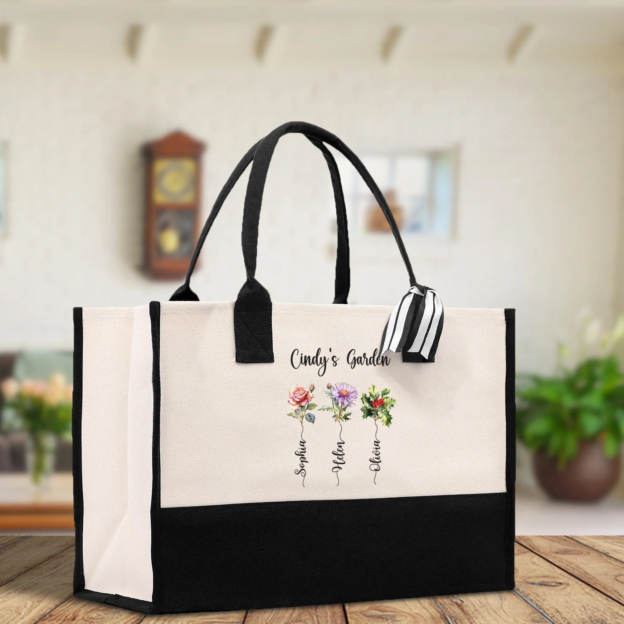 Personalized Kids and Grandkids Name Cotton Canvas Tote Bag Custom Flower Tote Bag Gift for Mom Gift for Grandma Birth Month Grandkids Name