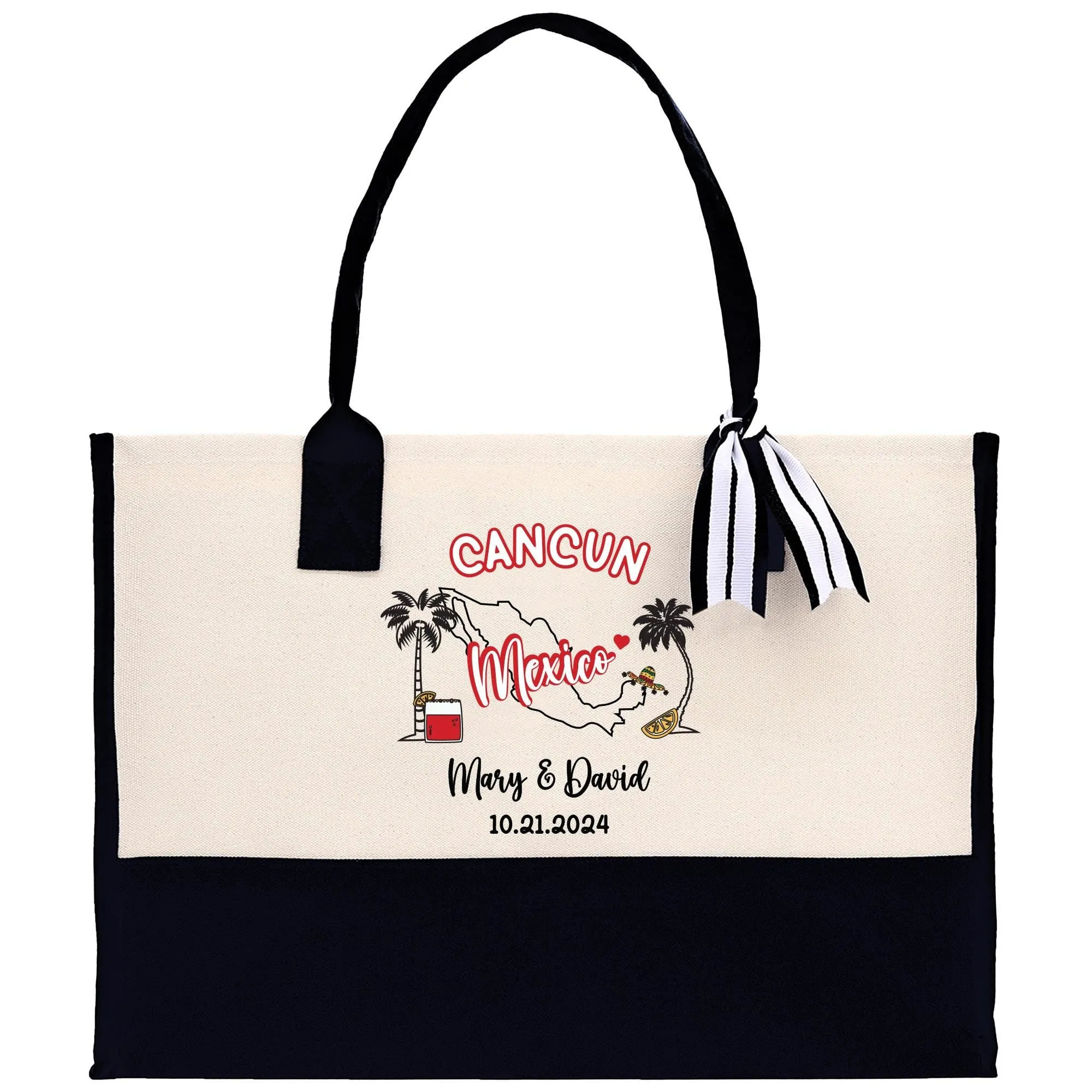 Personalized Name Date Mexico Cotton Canvas Tote Bag Custom Cancun Trip Bag Mexico Wedding Welcome Bag Party Favor Bags (MXTB1004)
