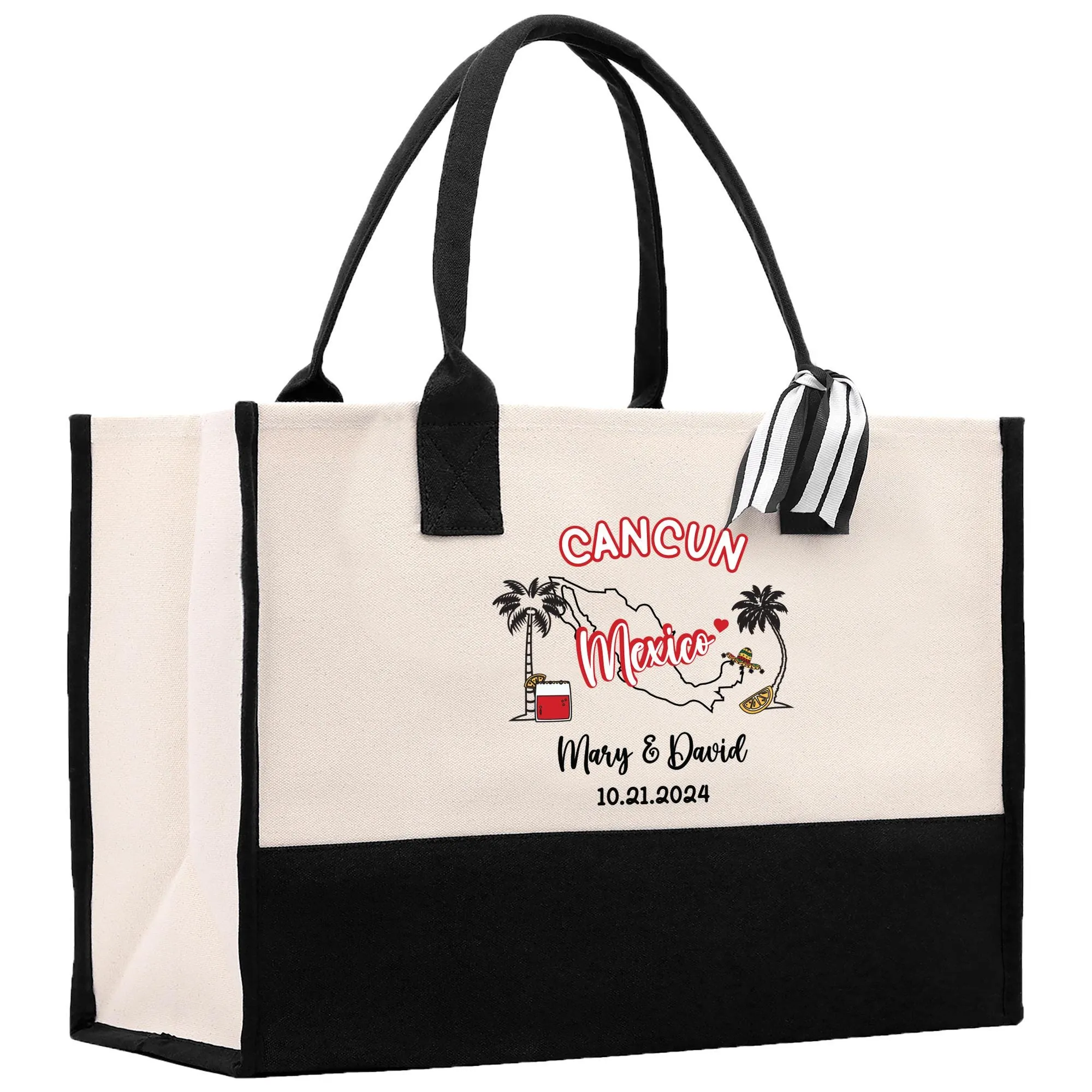 Personalized Name Date Mexico Cotton Canvas Tote Bag Custom Cancun Trip Bag Mexico Wedding Welcome Bag Party Favor Bags (MXTB1004)