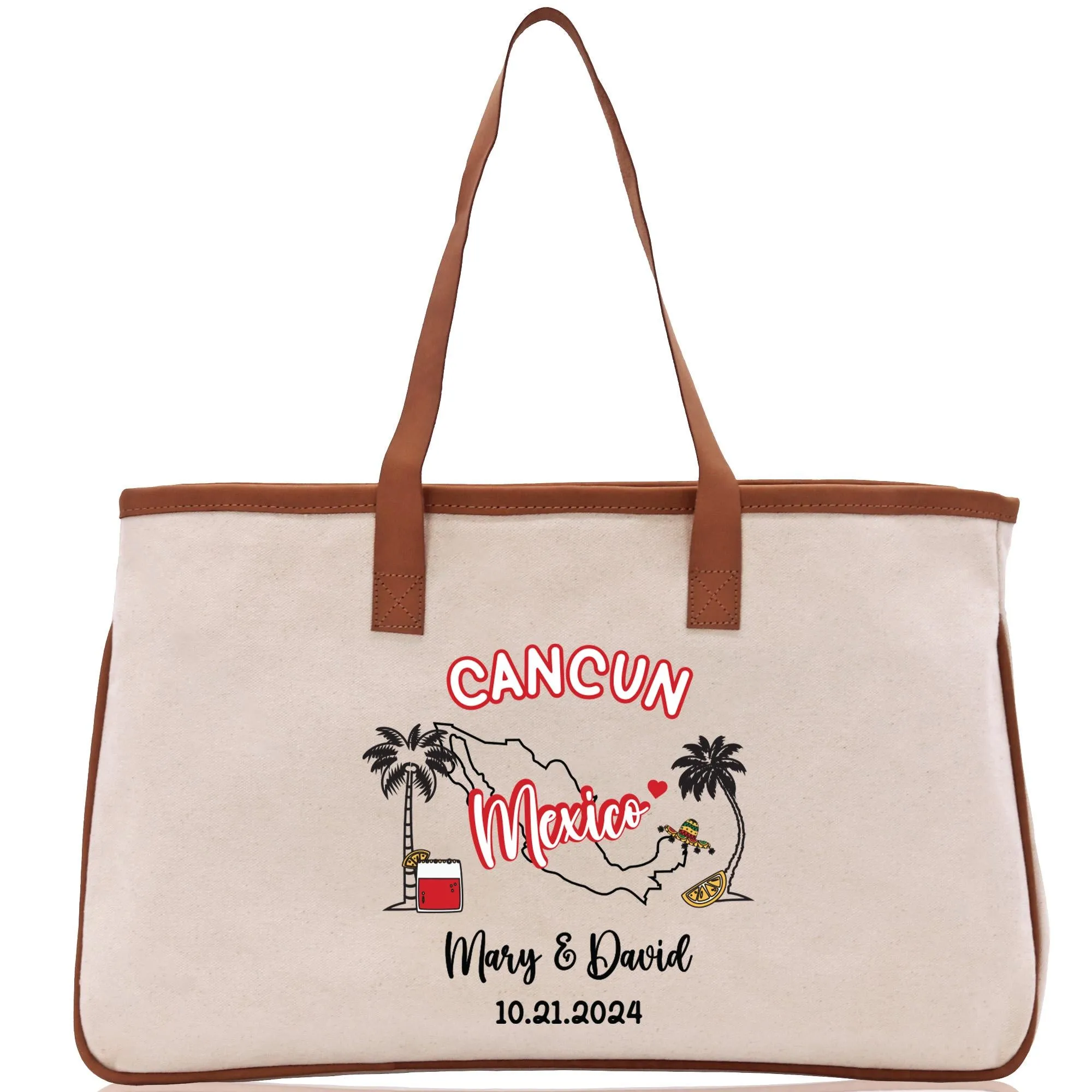 Personalized Name Date Mexico Cotton Canvas Tote Bag Custom Cancun Trip Bag Mexico Wedding Welcome Bag Party Favor Bags (MXTB1005)