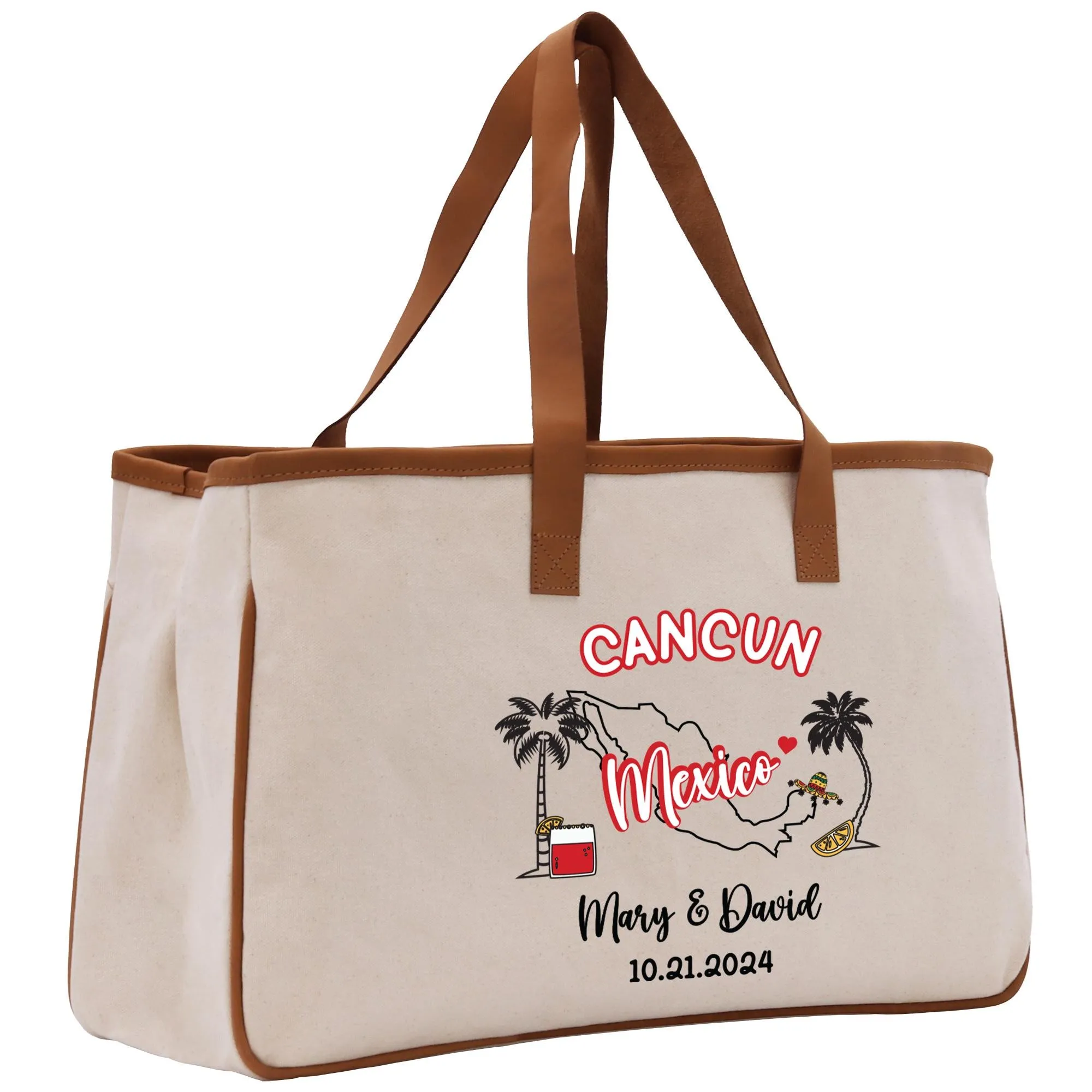 Personalized Name Date Mexico Cotton Canvas Tote Bag Custom Cancun Trip Bag Mexico Wedding Welcome Bag Party Favor Bags (MXTB1005)