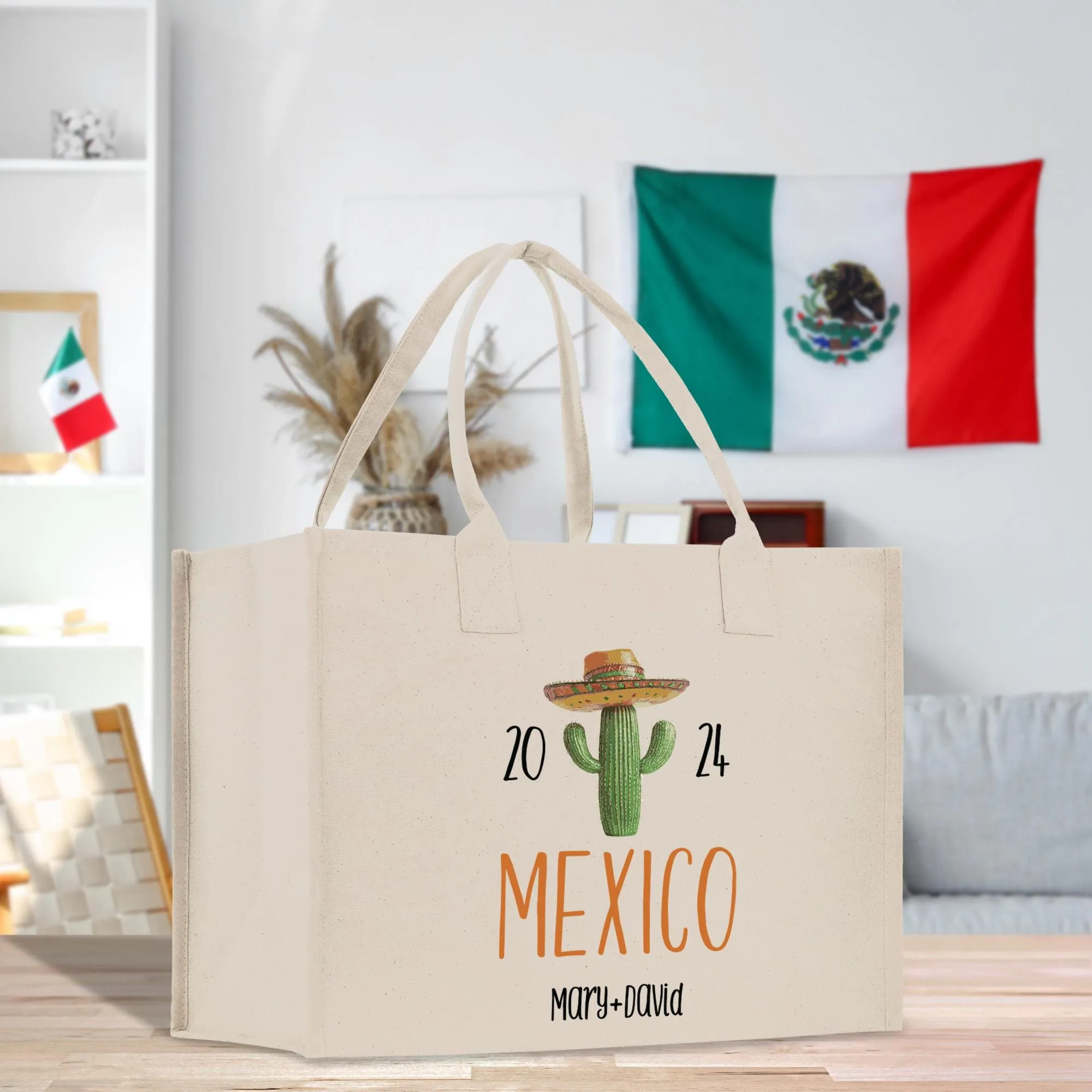 Personalized Name Date Year Mexico Cotton Canvas Tote Bag Custom Cancun Trip Bag Mexico Wedding Welcome Bag Party Favor Bags (MXTB1009)