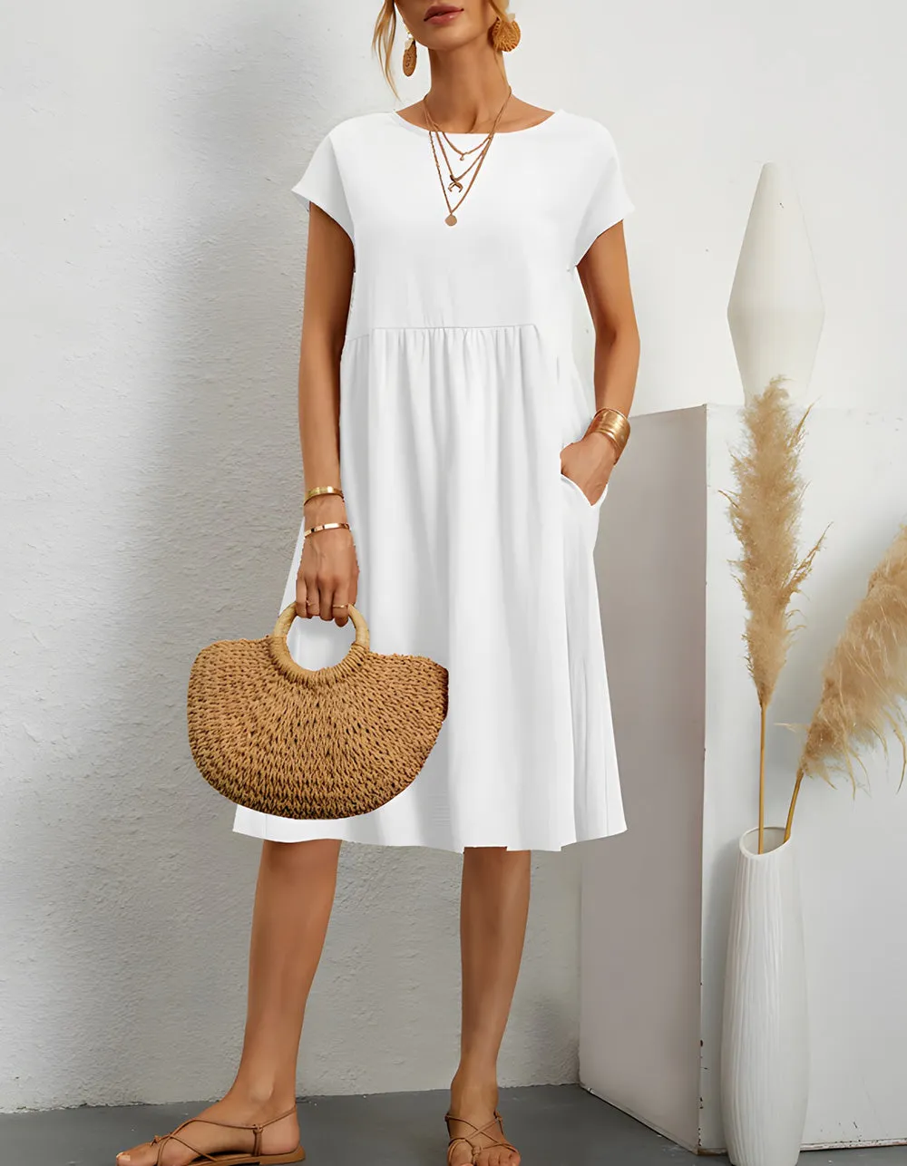 Plain Round Neck Short Sleeve OL A Line Dresses