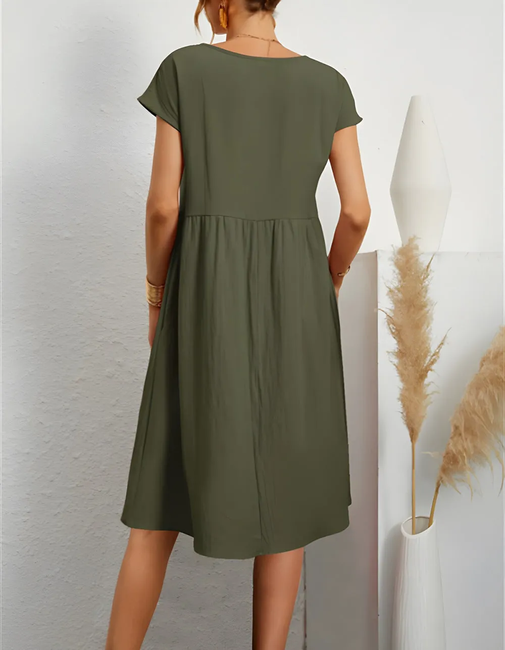 Plain Round Neck Short Sleeve OL A Line Dresses