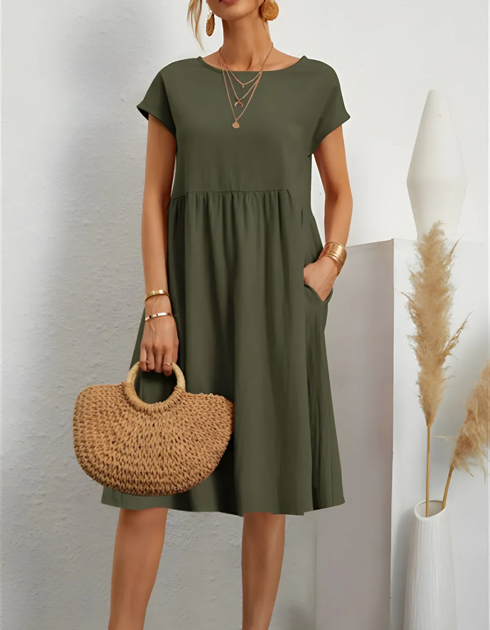 Plain Round Neck Short Sleeve OL A Line Dresses