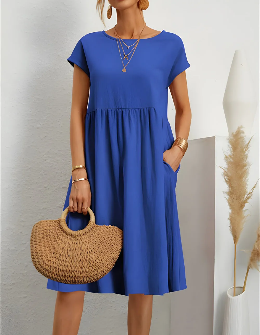 Plain Round Neck Short Sleeve OL A Line Dresses