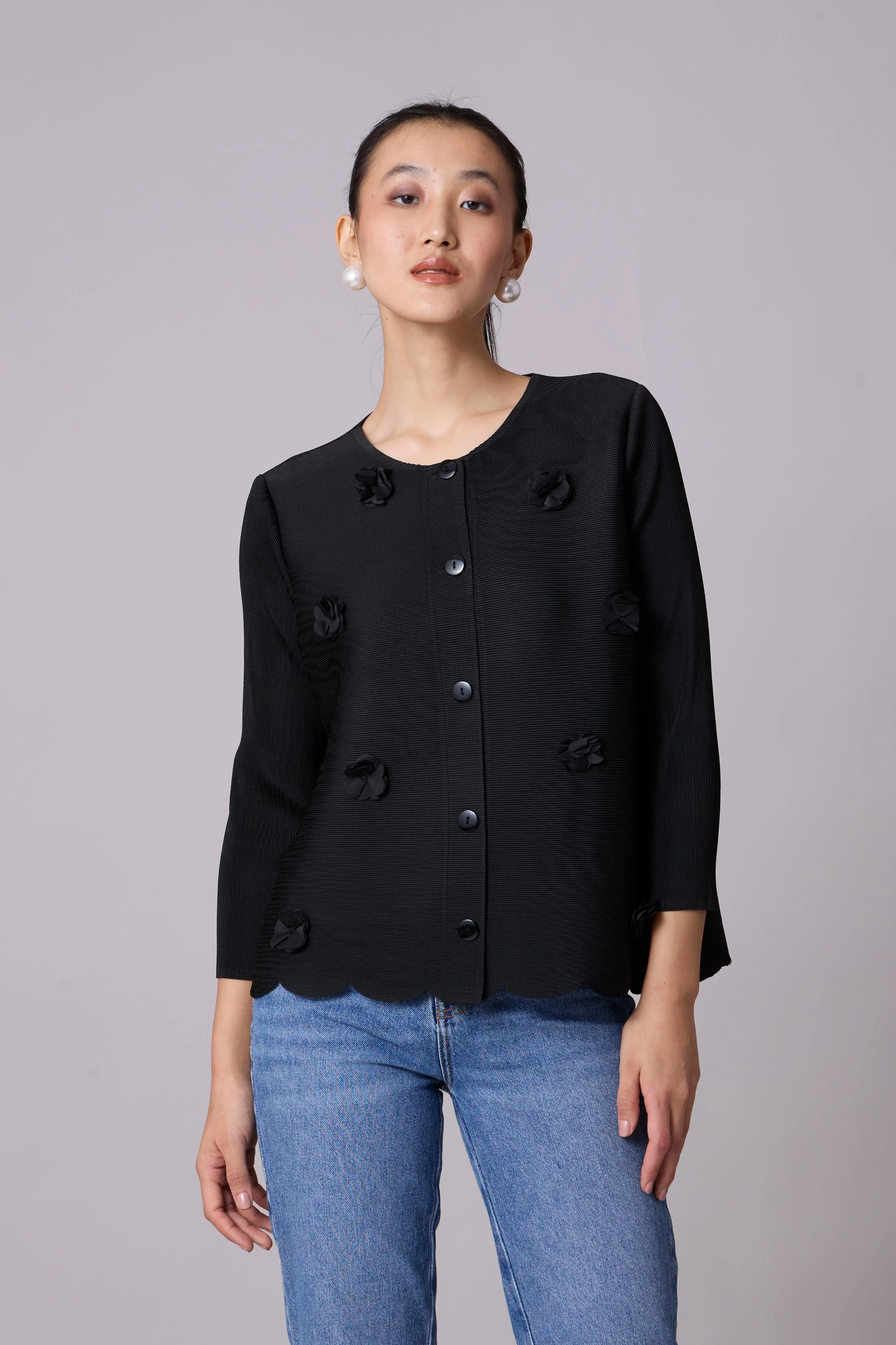 Pleated Cardigan Top - Black