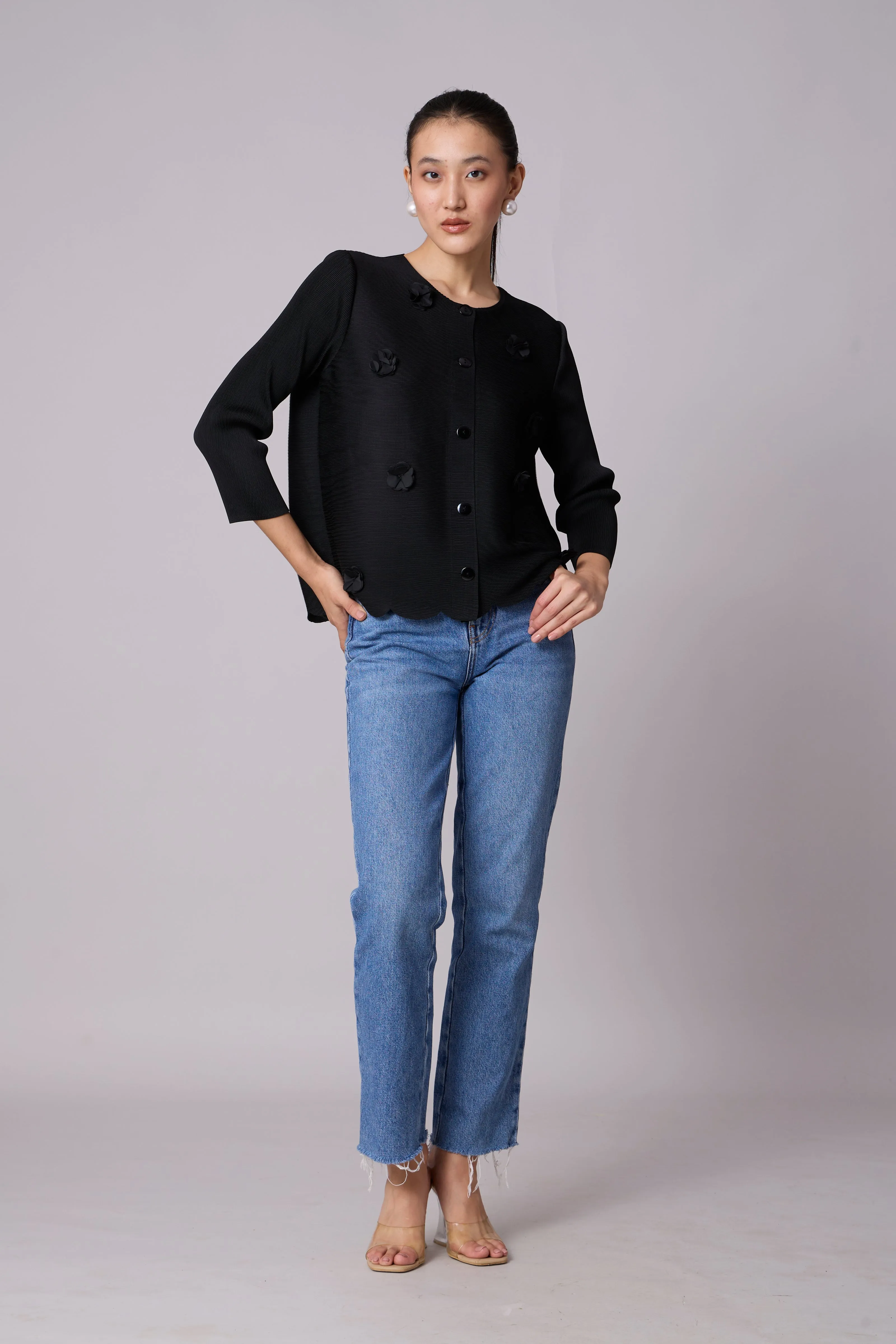 Pleated Cardigan Top - Black