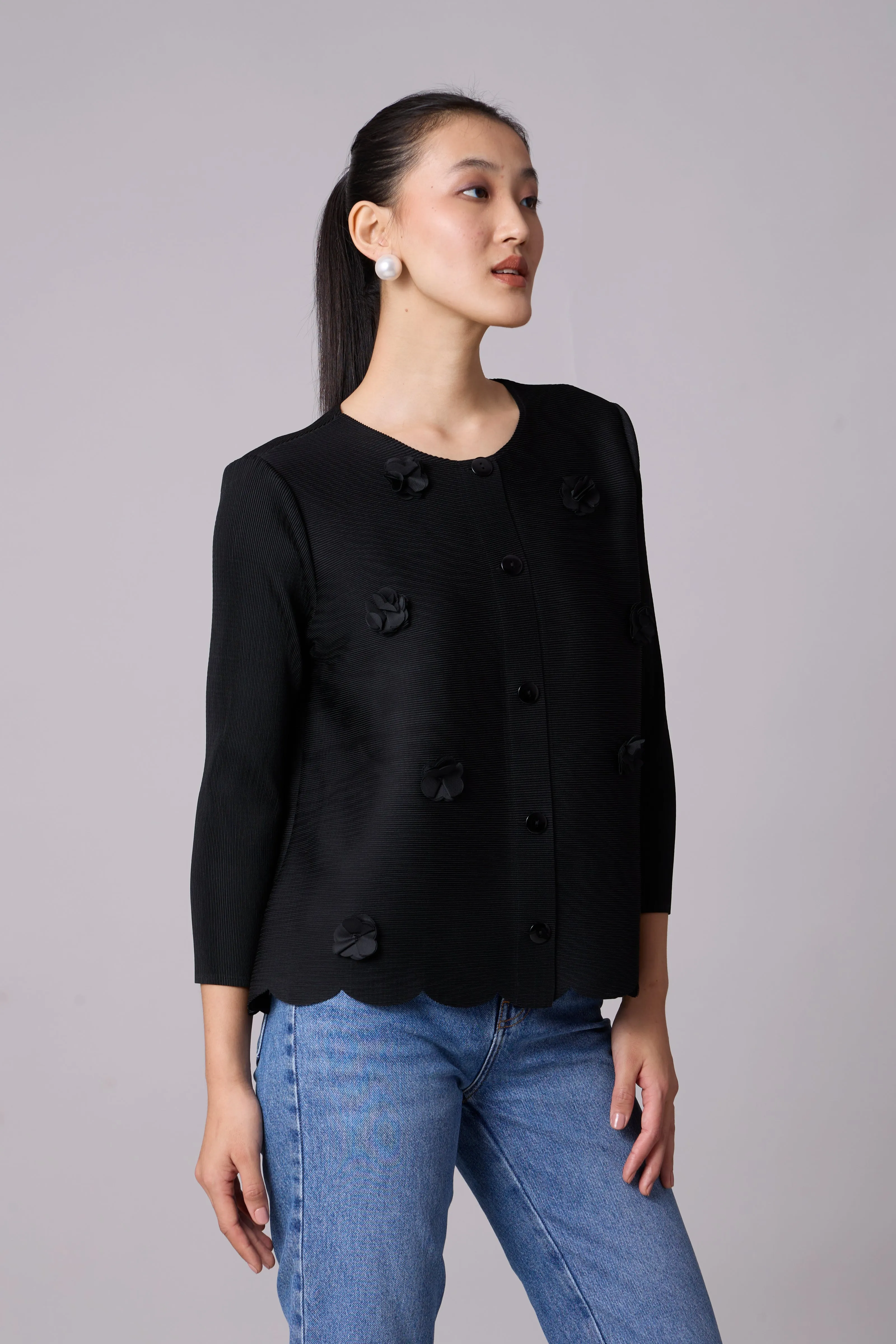 Pleated Cardigan Top - Black