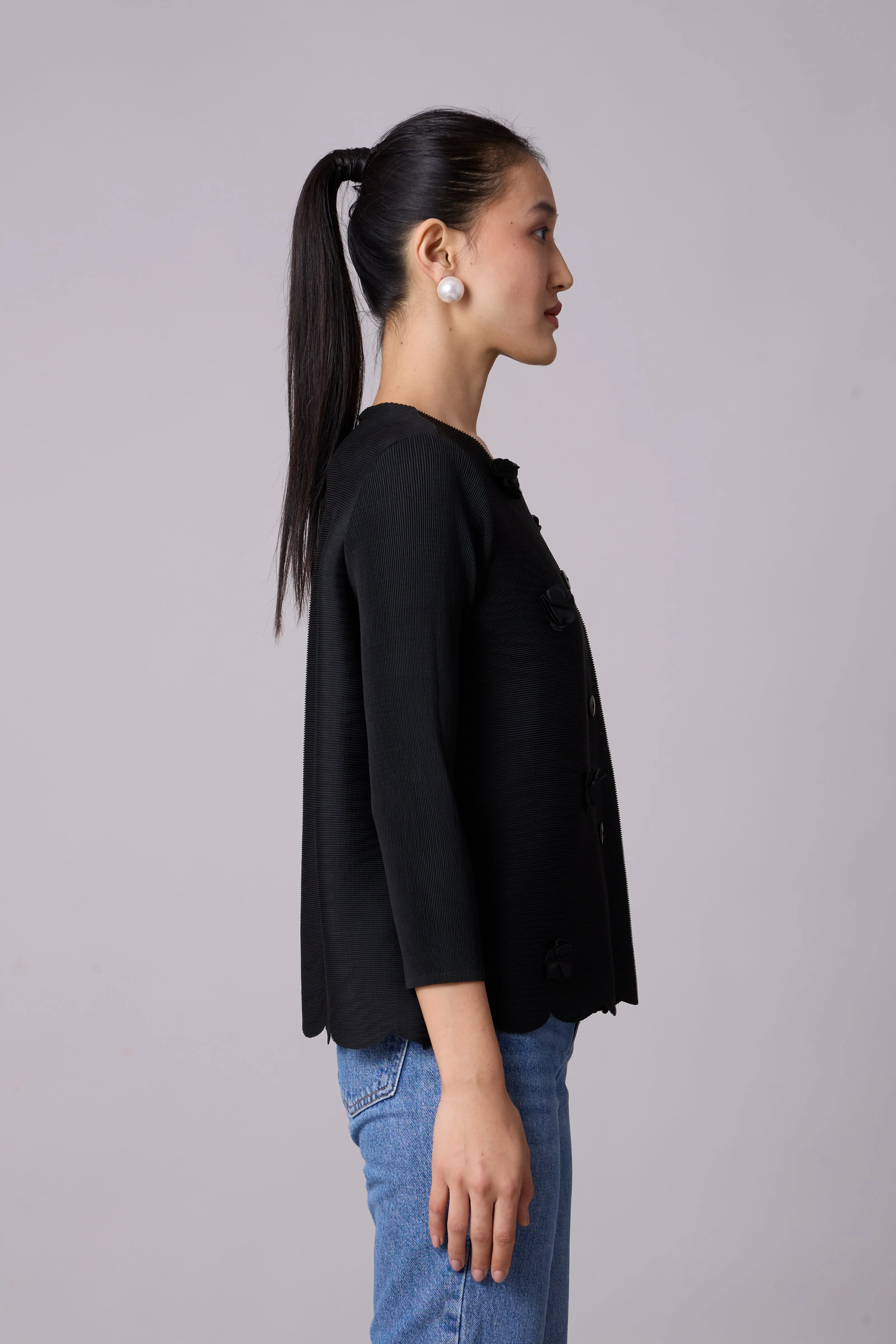 Pleated Cardigan Top - Black