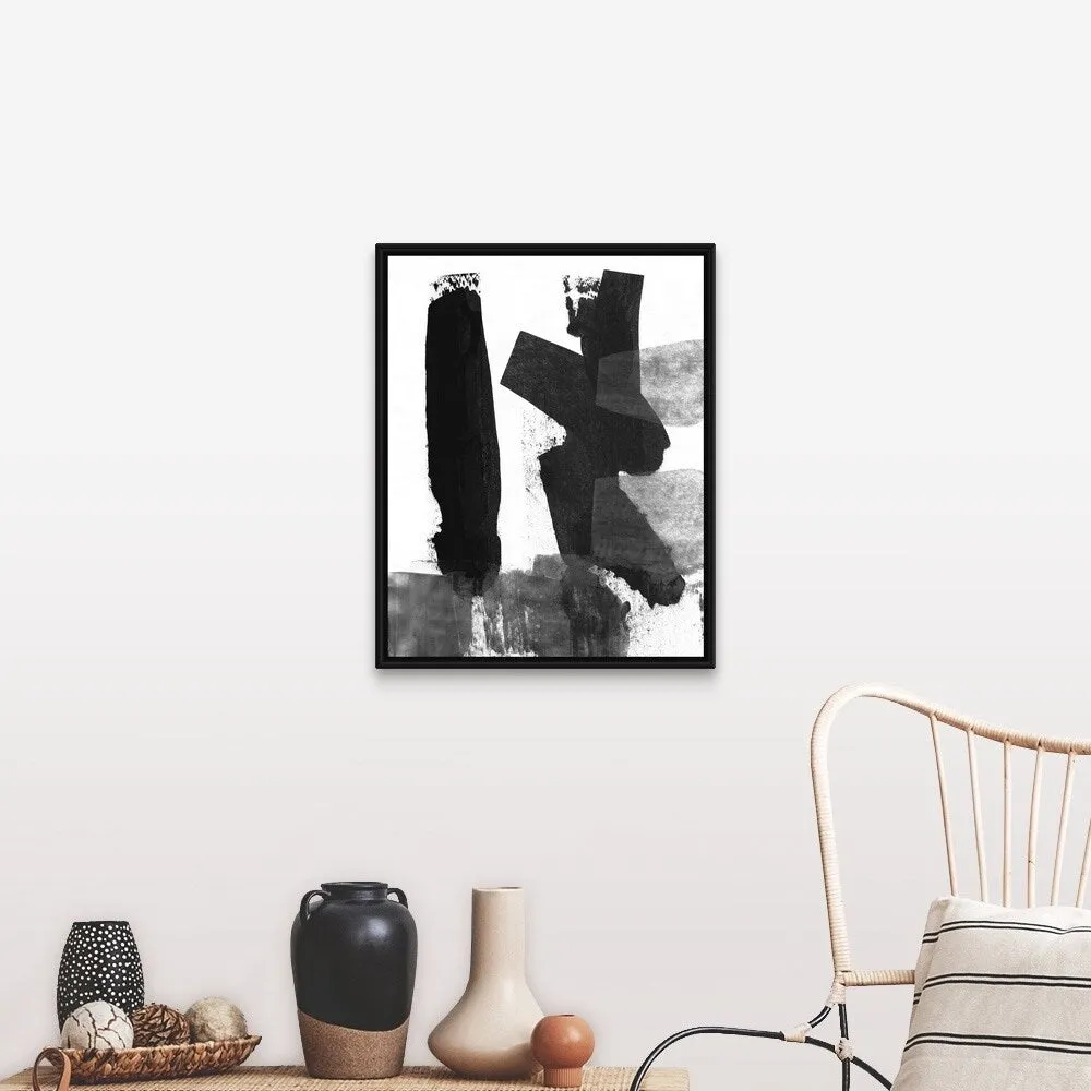 "Black and White Brush Stroke VII" Black Float Frame Canvas Art - Multi