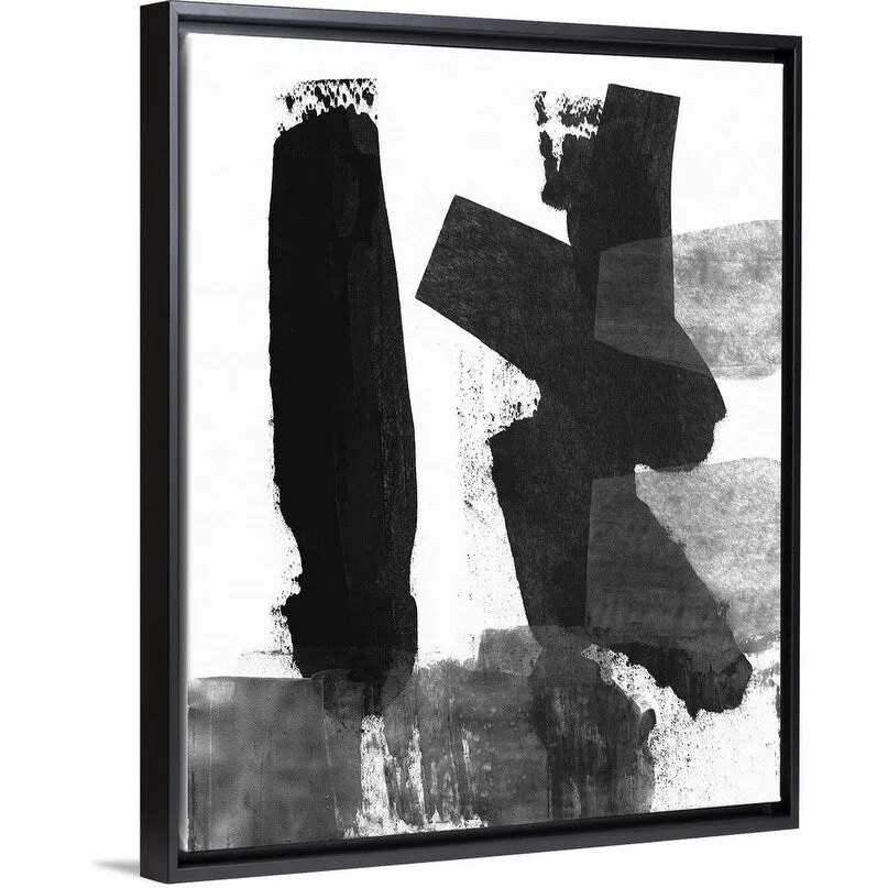 "Black and White Brush Stroke VII" Black Float Frame Canvas Art - Multi