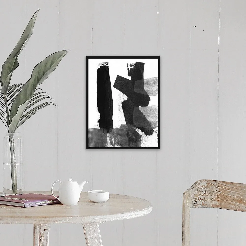 "Black and White Brush Stroke VII" Black Float Frame Canvas Art - Multi