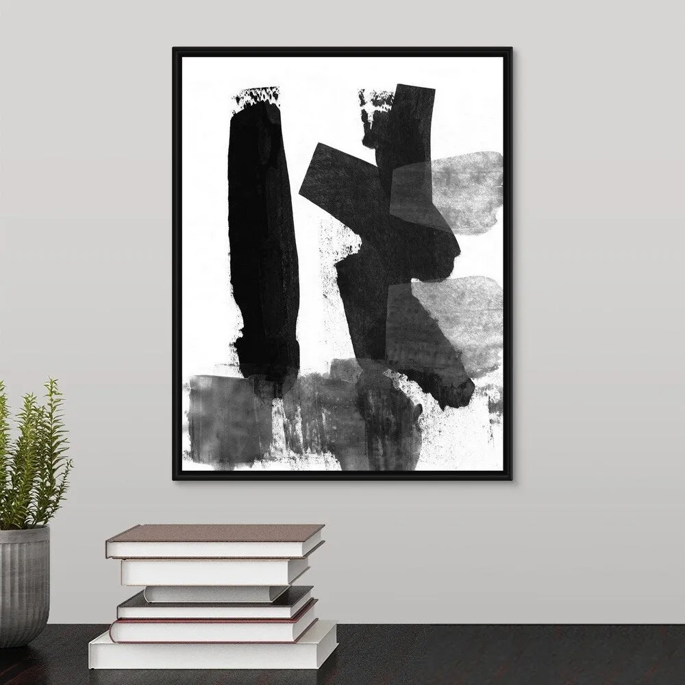 "Black and White Brush Stroke VII" Black Float Frame Canvas Art - Multi