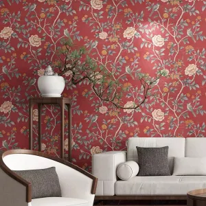 Red Floral Wallpaper Vintage Chinoiserie Wall-covering (5.3 ㎡)