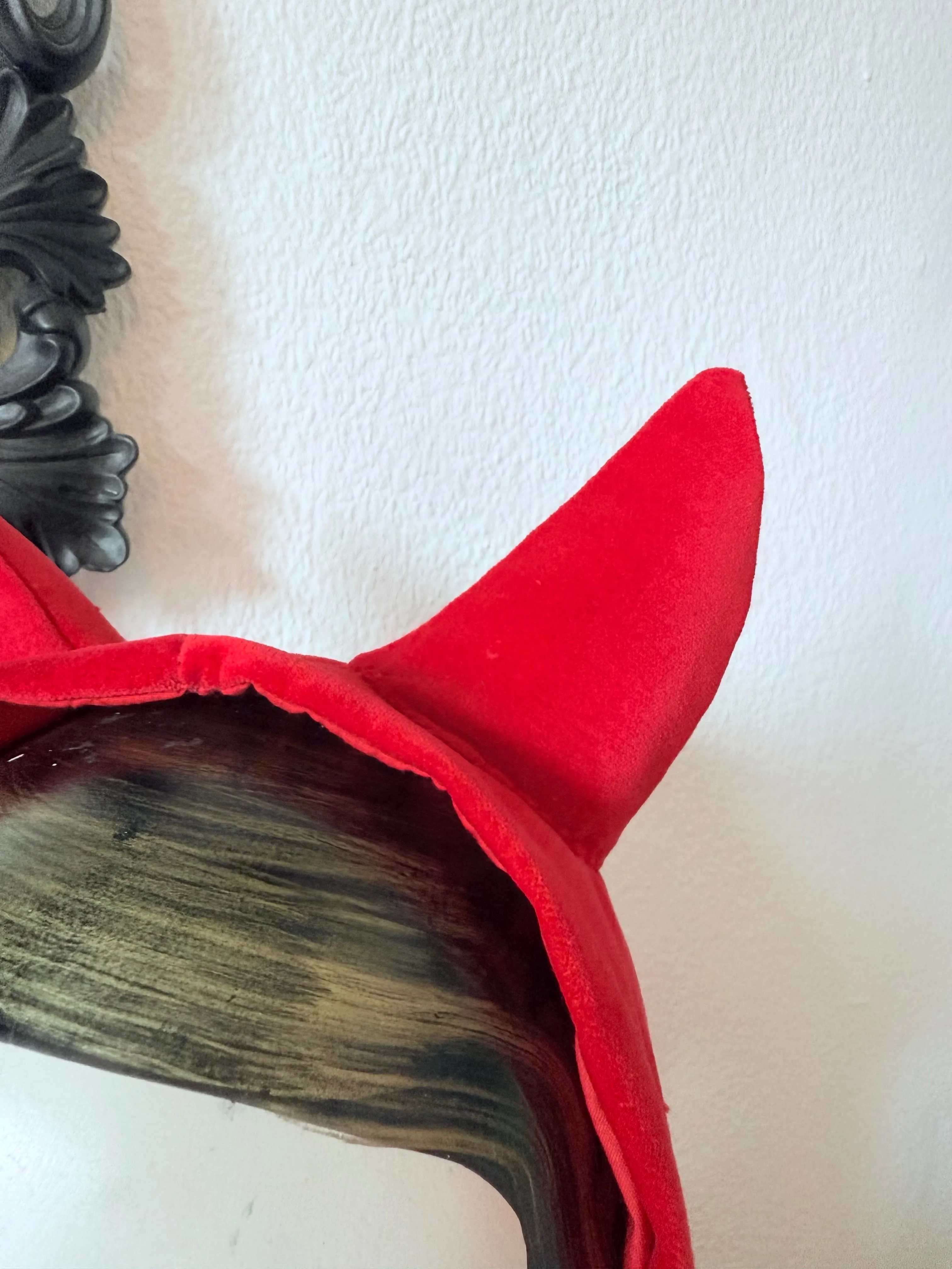 SARAH SPROUT COLLECTION: ‘Little Devil’ Vintage Devil Horns Headband in Bright Red Velvet (made to order)