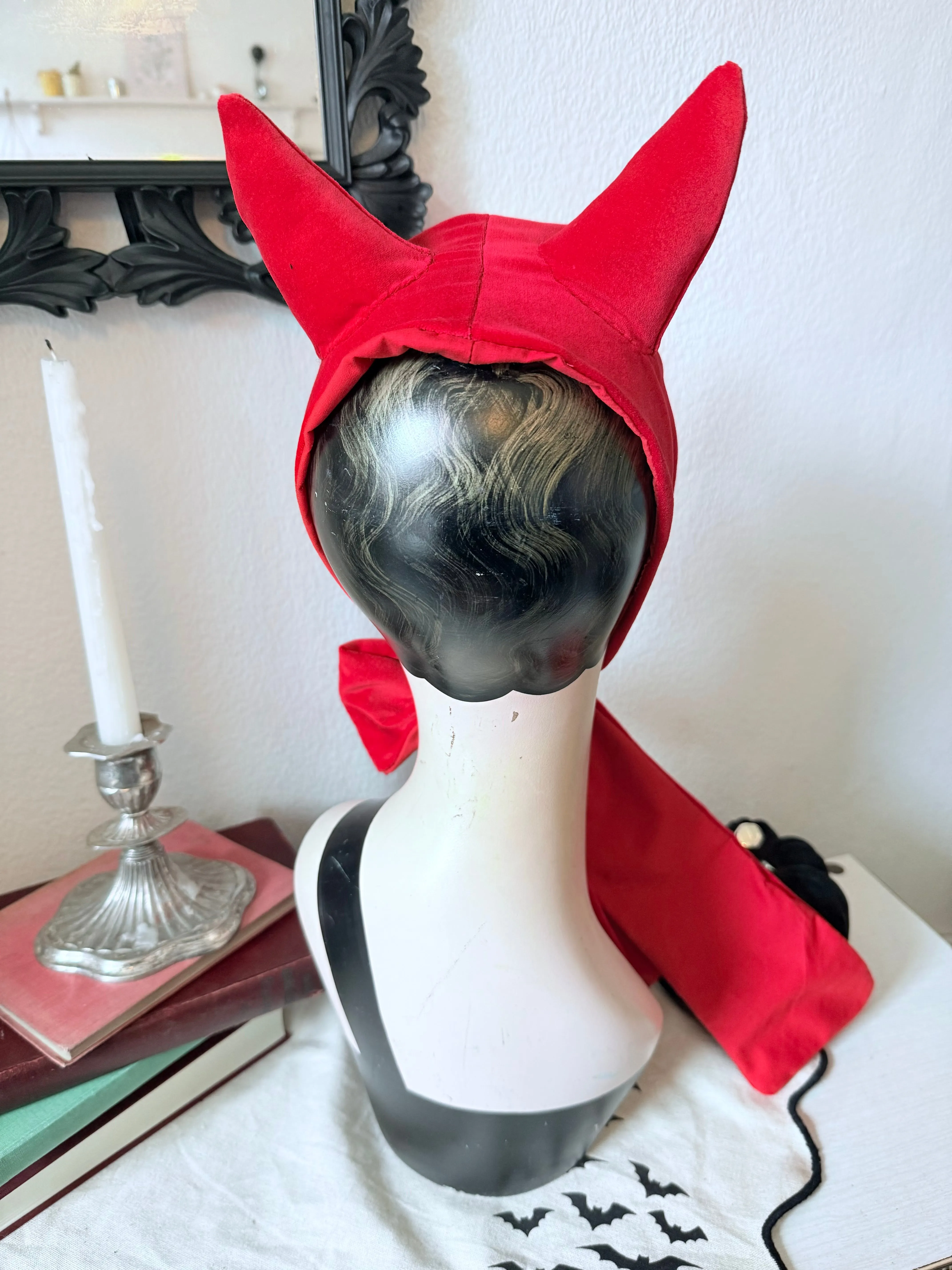 SARAH SPROUT COLLECTION: ‘Little Devil’ Vintage Devil Horns Headband in Bright Red Velvet (made to order)