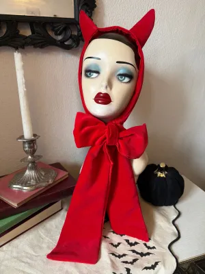 SARAH SPROUT COLLECTION: ‘Little Devil’ Vintage Devil Horns Headband in Bright Red Velvet (made to order)
