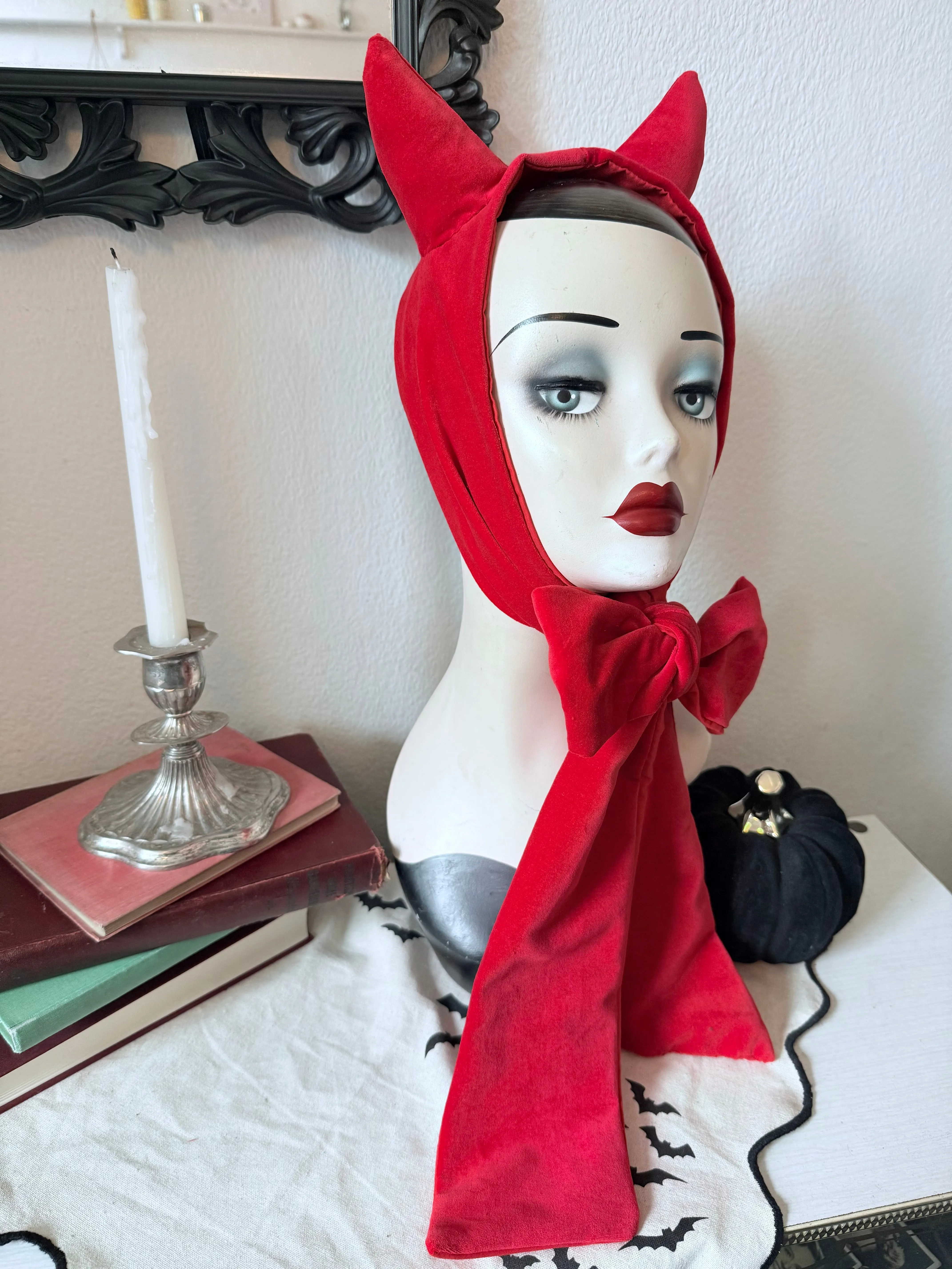 SARAH SPROUT COLLECTION: ‘Little Devil’ Vintage Devil Horns Headband in Bright Red Velvet (made to order)