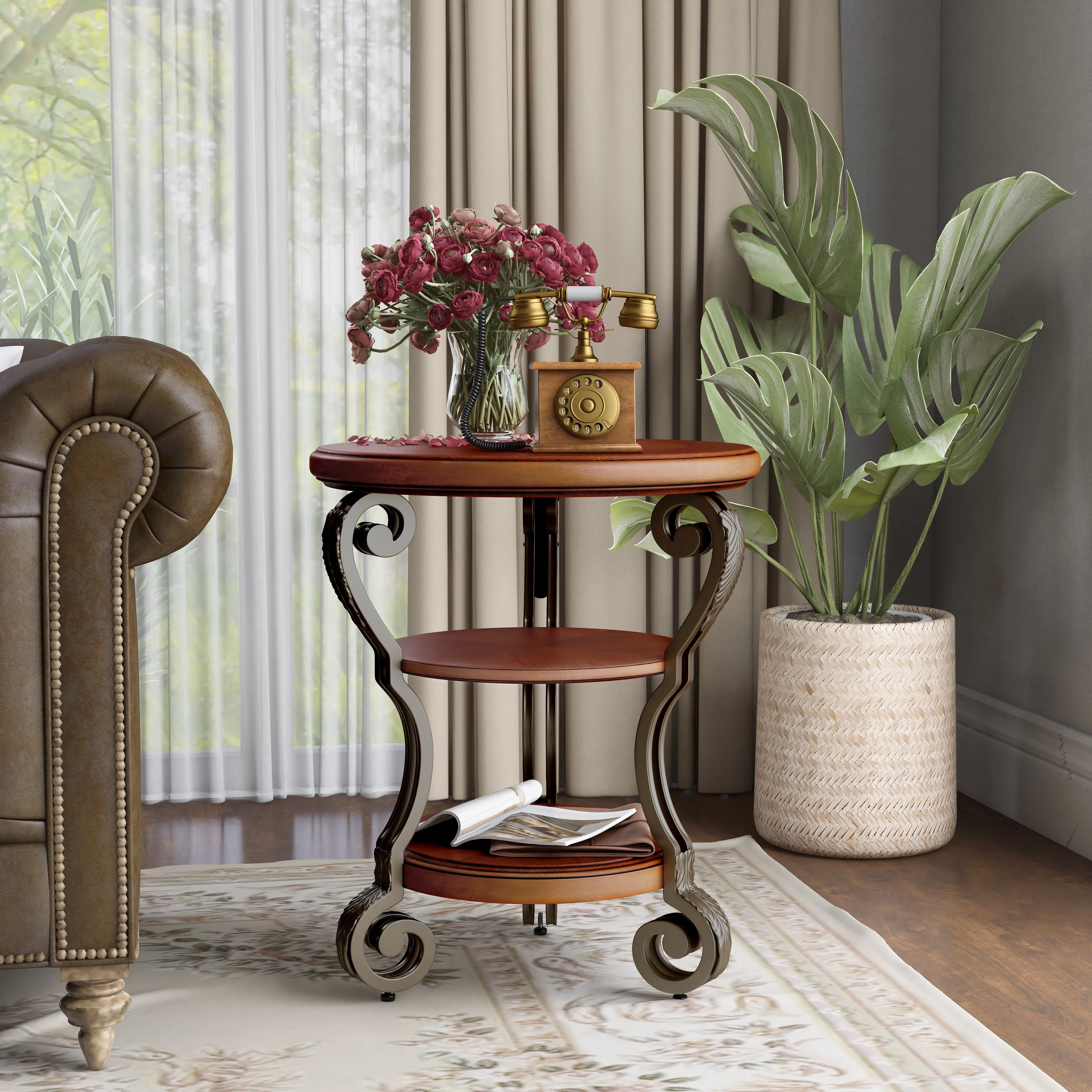 Selina Brown Cherry and Curved Metal 3-Tier Round Side Table