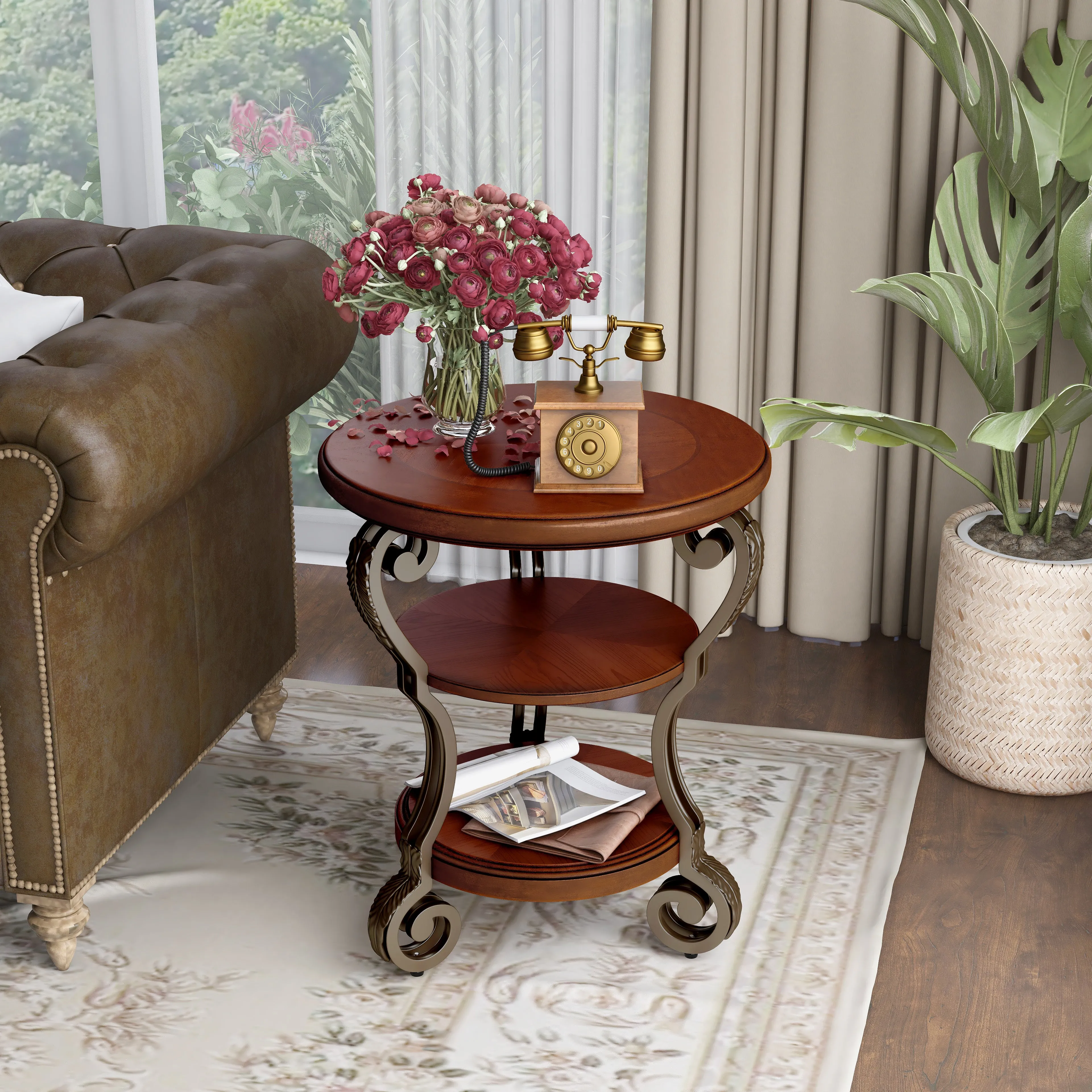 Selina Brown Cherry and Curved Metal 3-Tier Round Side Table