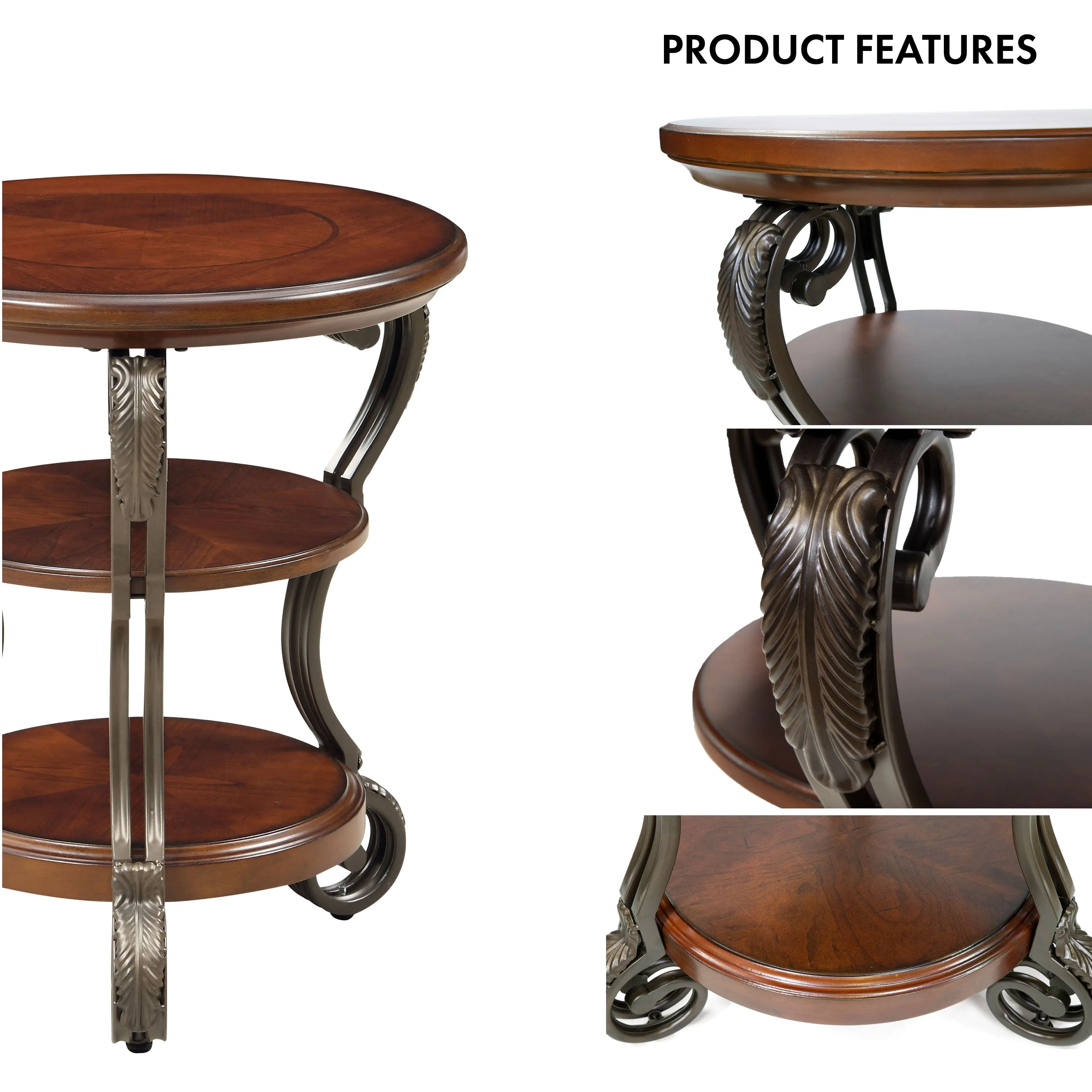 Selina Brown Cherry and Curved Metal 3-Tier Round Side Table