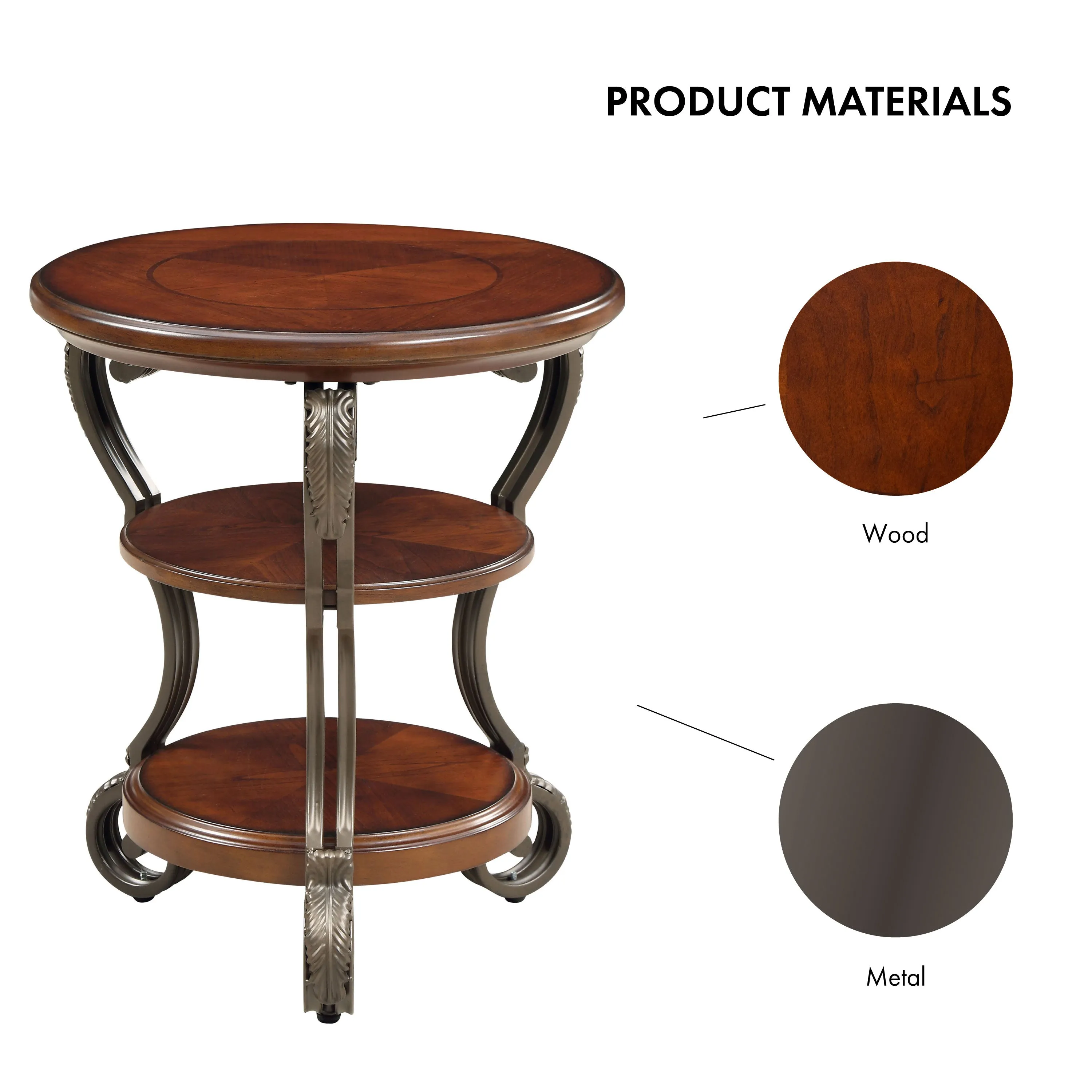 Selina Brown Cherry and Curved Metal 3-Tier Round Side Table