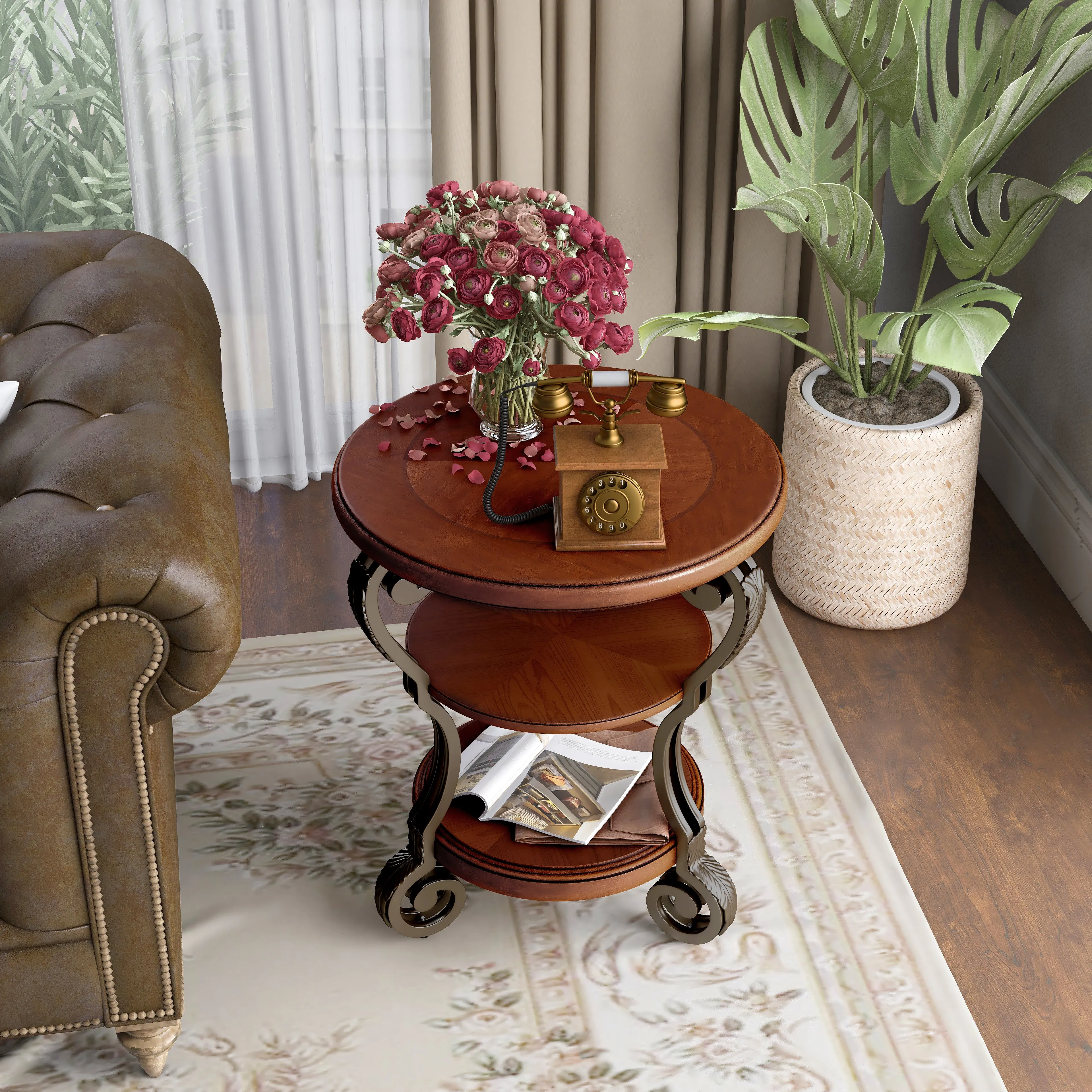 Selina Brown Cherry and Curved Metal 3-Tier Round Side Table