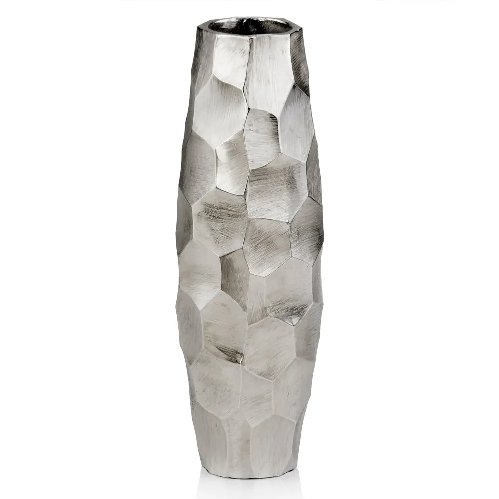 Silver Facetado Barrel Vase, Flowers, Plants, Abstract, Modern, Aluminum, Rough, Texture, Cylinder, Centerpiece, Tabletop, 4" x 4" x 14"