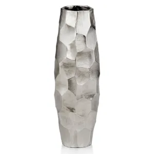 Silver Facetado Barrel Vase, Flowers, Plants, Abstract, Modern, Aluminum, Rough, Texture, Cylinder, Centerpiece, Tabletop, 4" x 4" x 14"