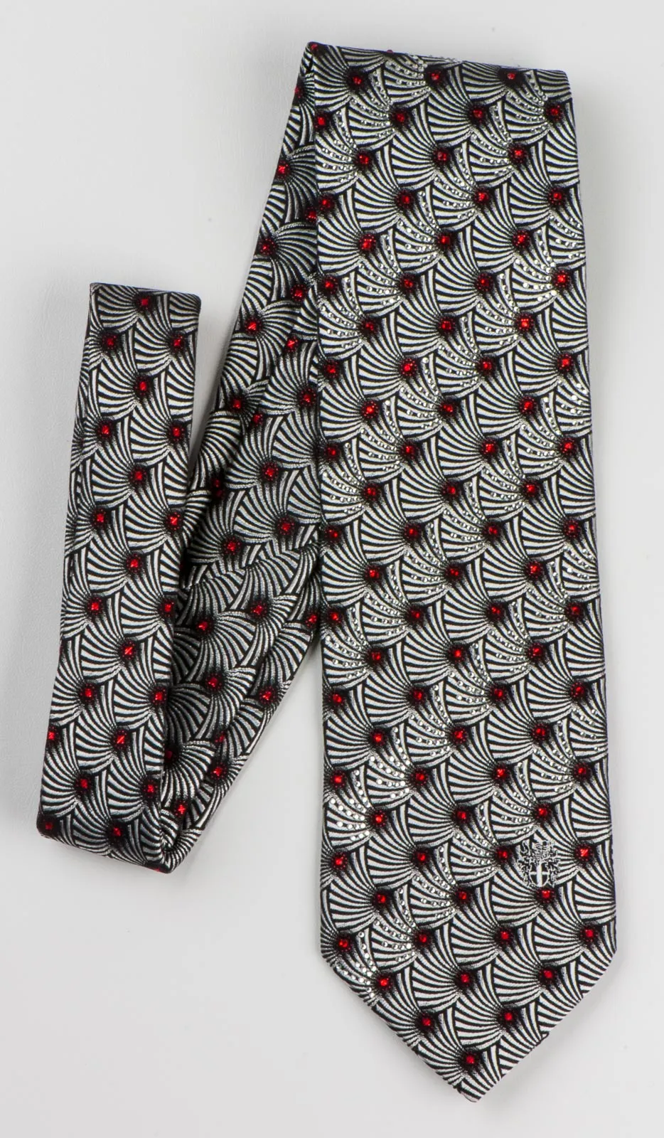 Silver Geometric Pattern On Black Silk Neck Tie With Rhinestones
