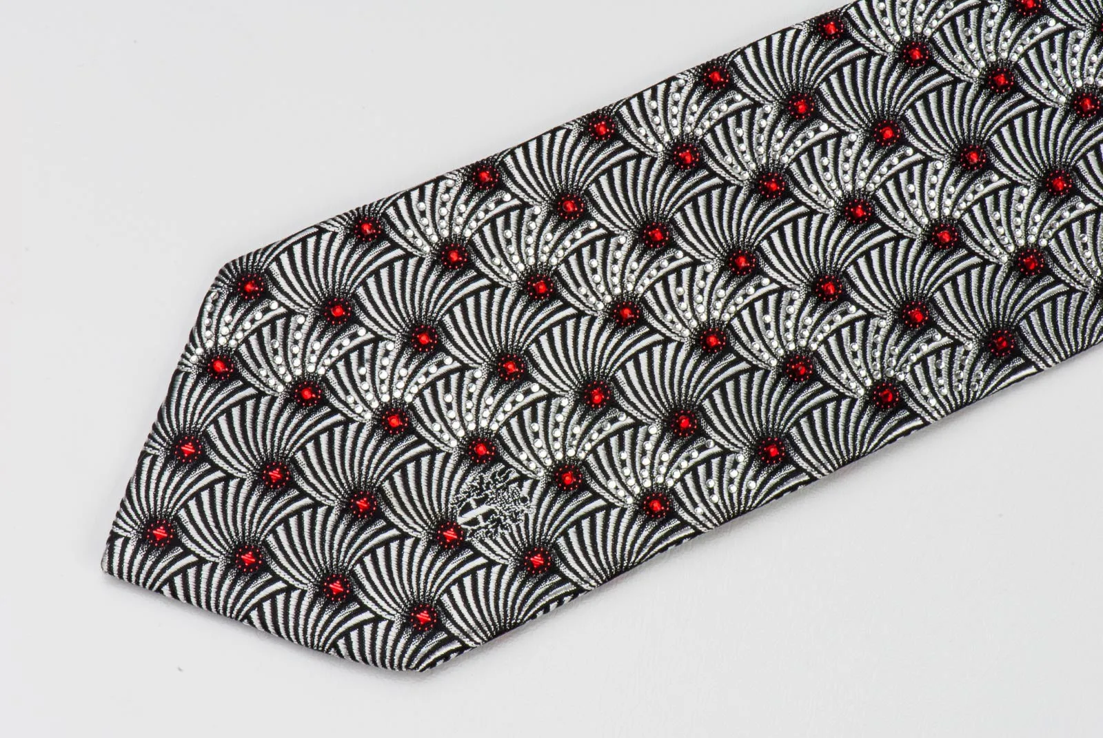 Silver Geometric Pattern On Black Silk Neck Tie With Rhinestones