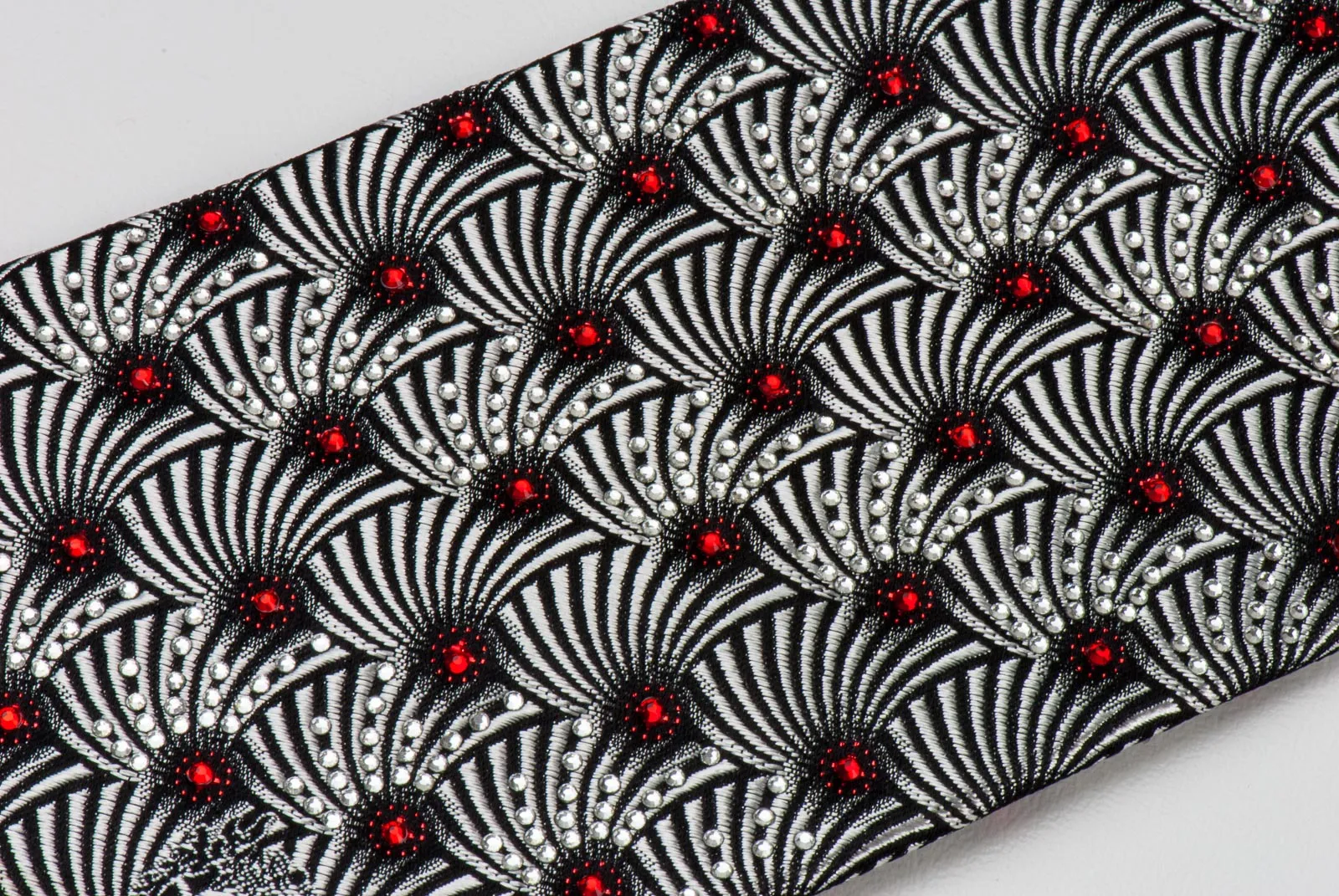 Silver Geometric Pattern On Black Silk Neck Tie With Rhinestones